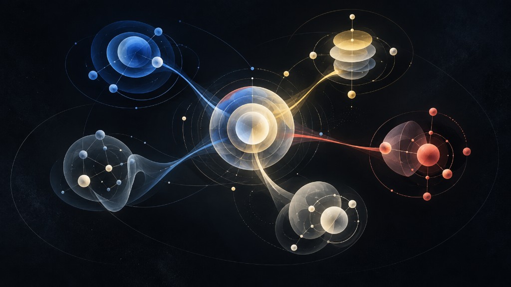 Abstract orbits connecting blue, gold, and coral bodies of knowledge