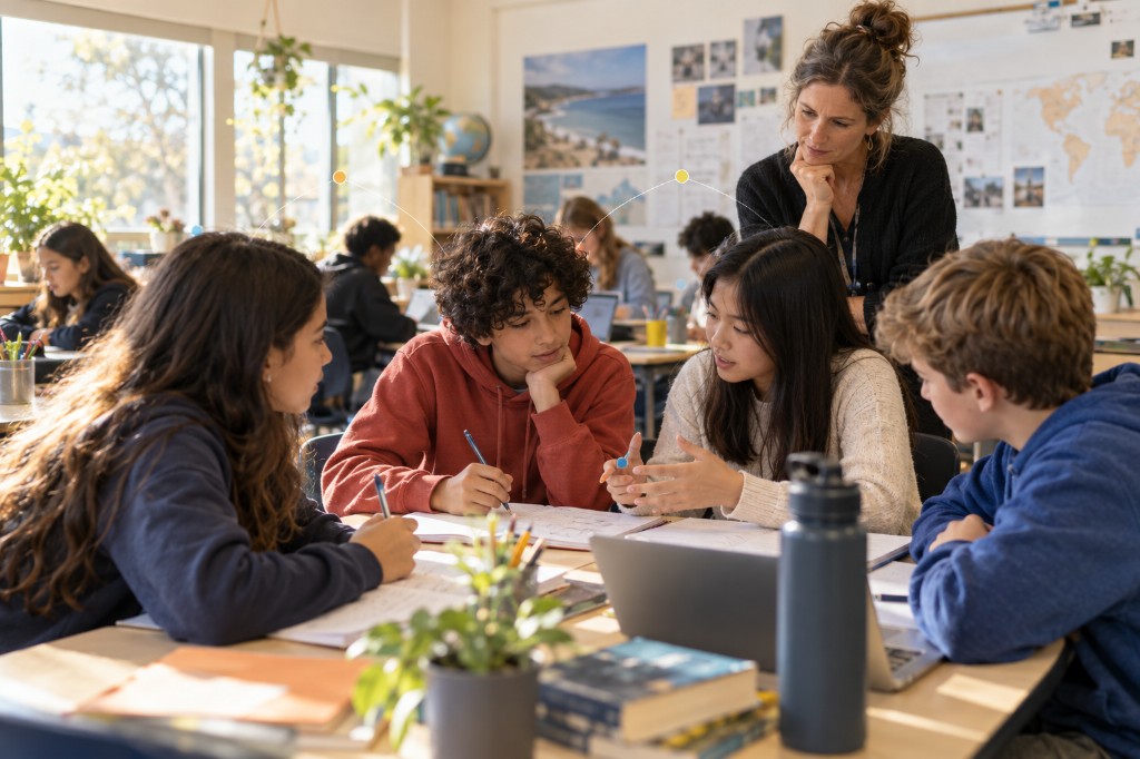 A teacher observing students as they work together around a classroom table