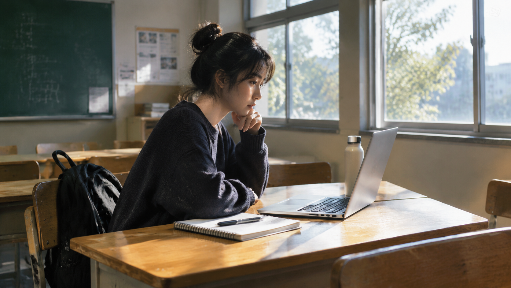 A student working alone at a desk with a laptop