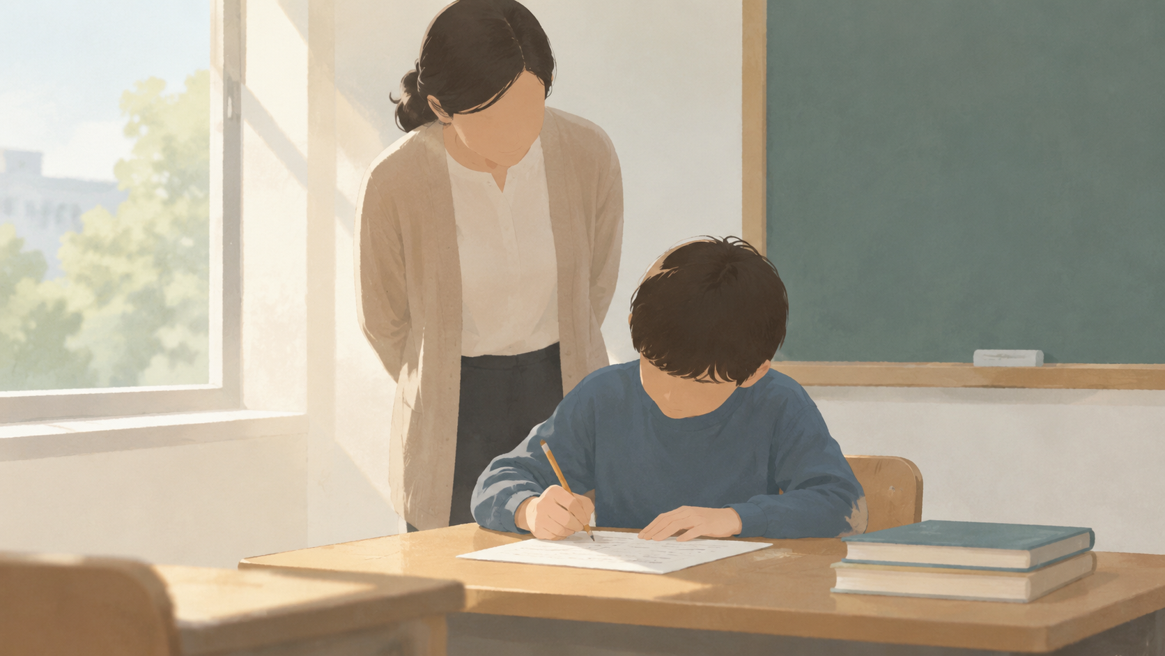 A teacher observing a student's work