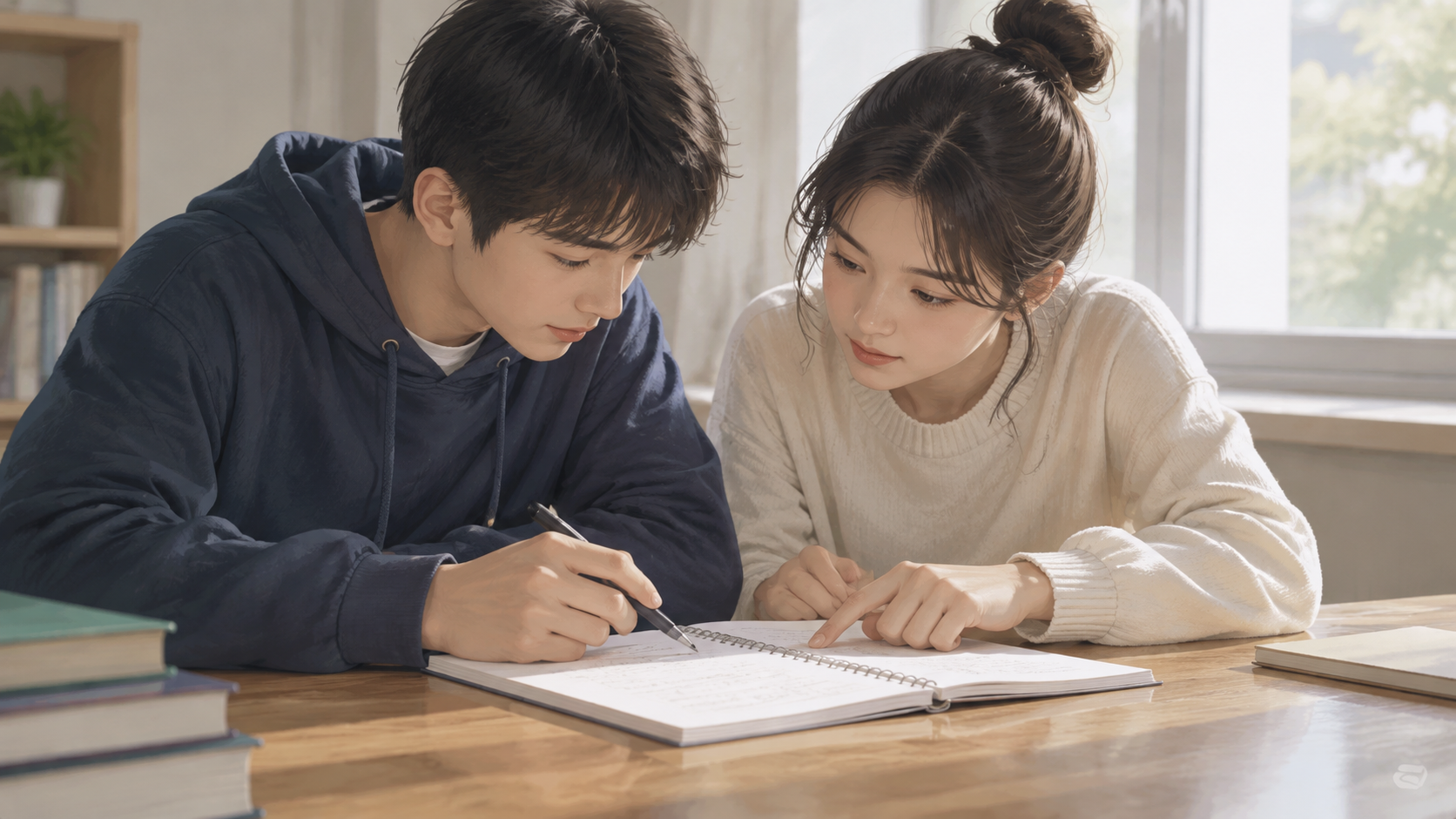 Two students discussing work together at a table