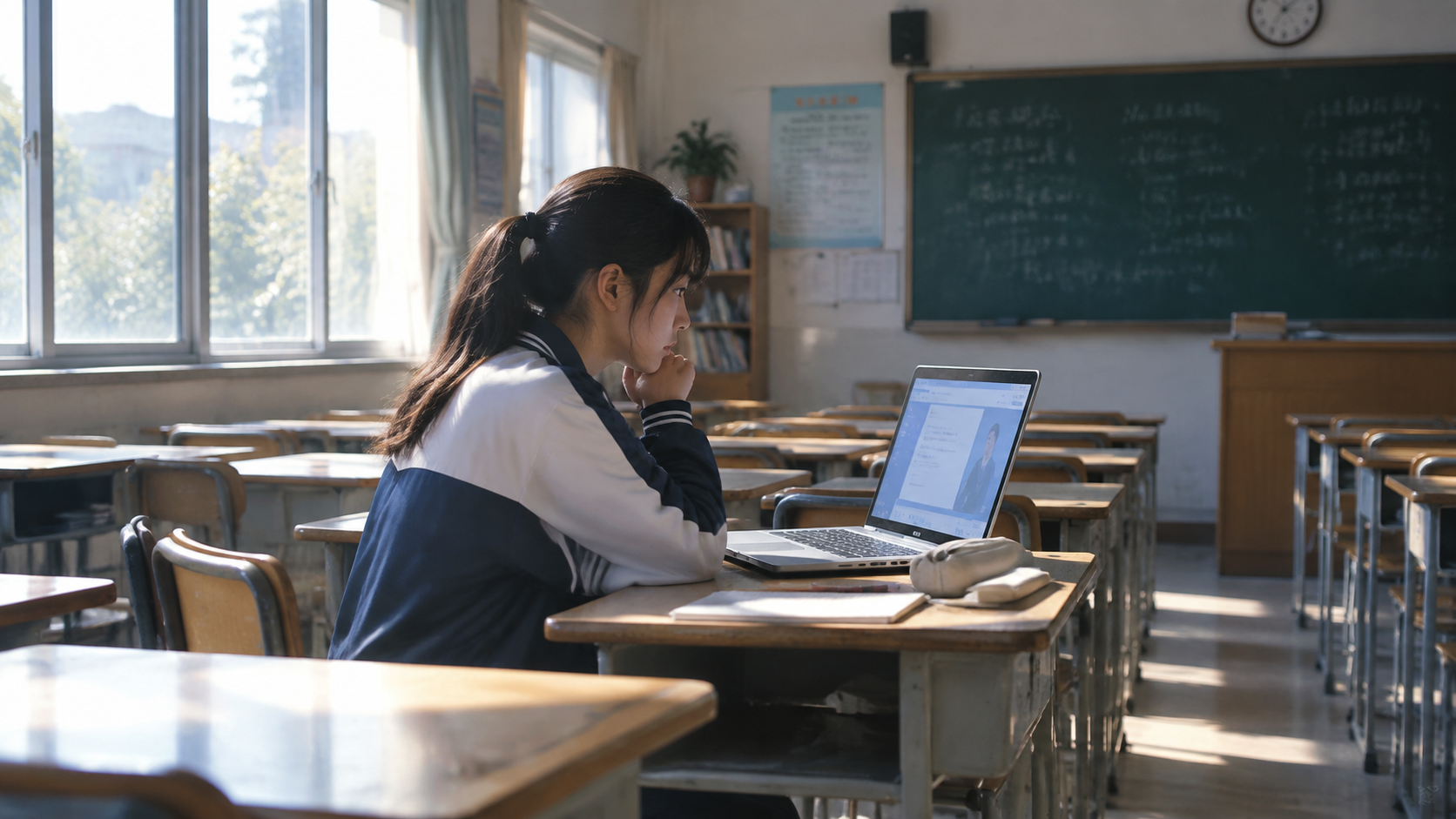 A student working alone with a laptop in a quiet classroom