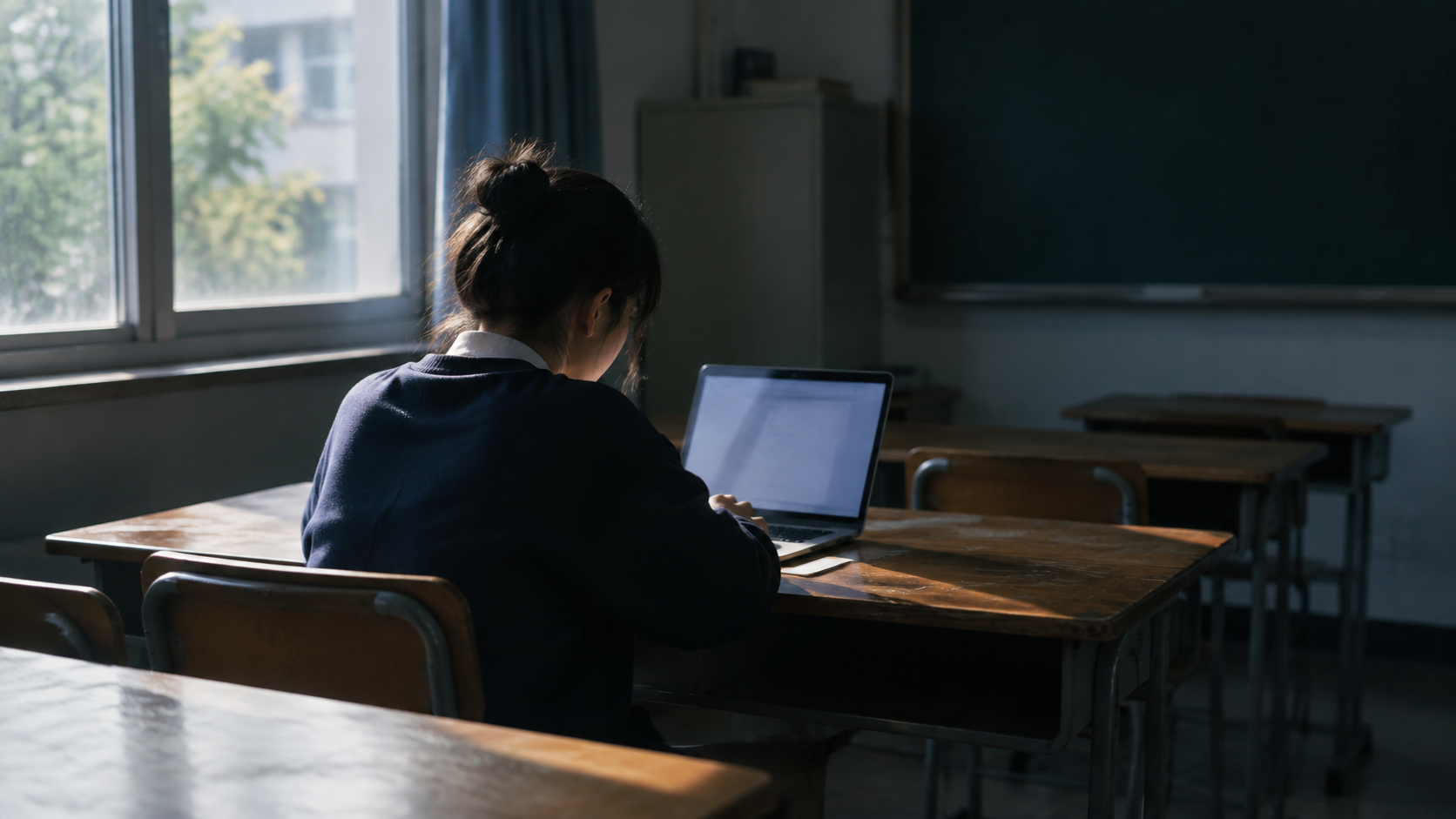 A student working alone at a desk with a laptop