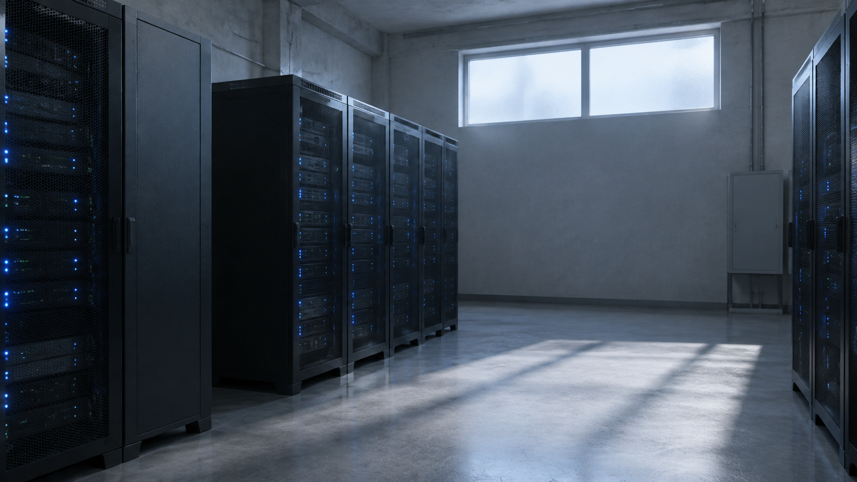 Rows of server racks in a cool-toned data room