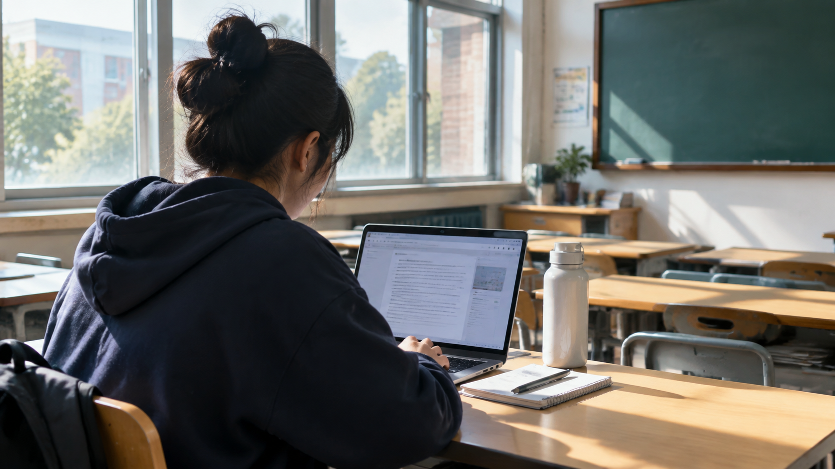 A student working at a laptop in a classroom