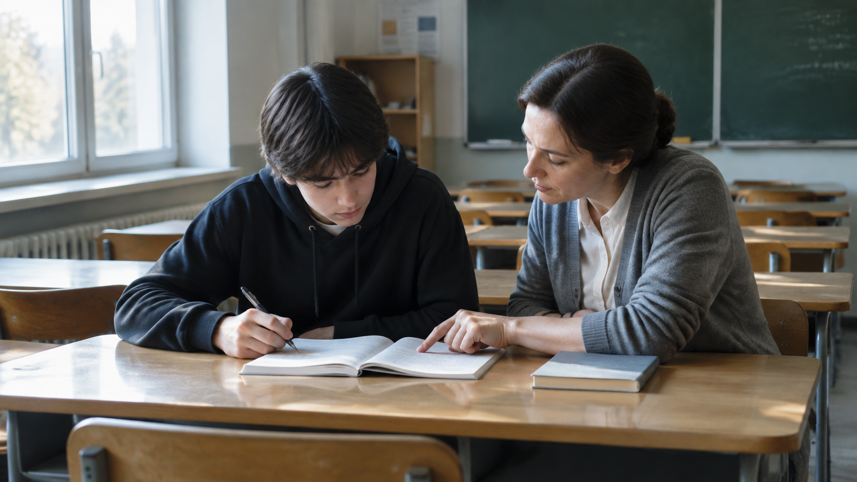 A student working one-on-one with a tutor at a desk