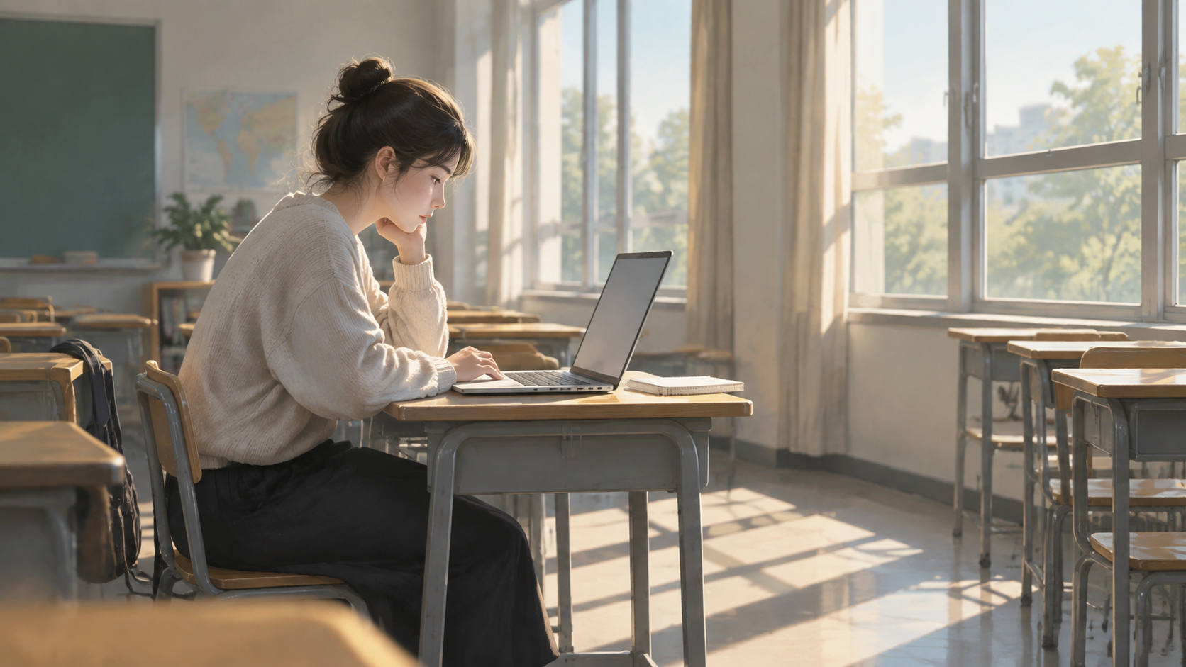 A student alone at a desk with a laptop in a sunlit classroom
