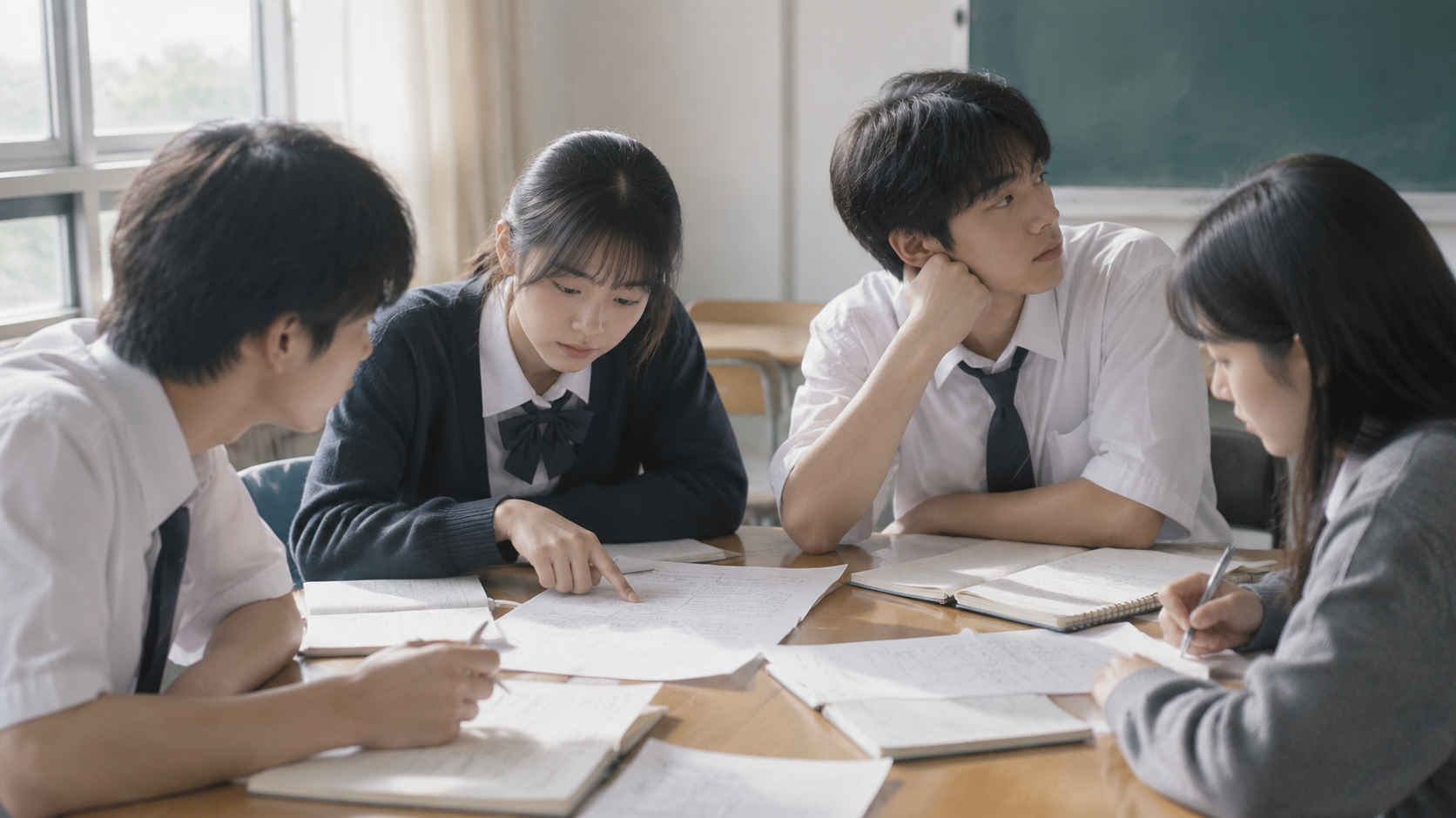 Four students working around a table
