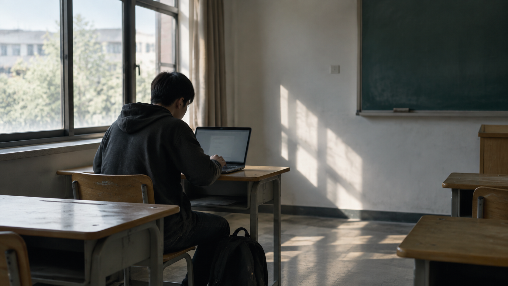 A student working alone at a desk with a laptop in a quiet classroom
