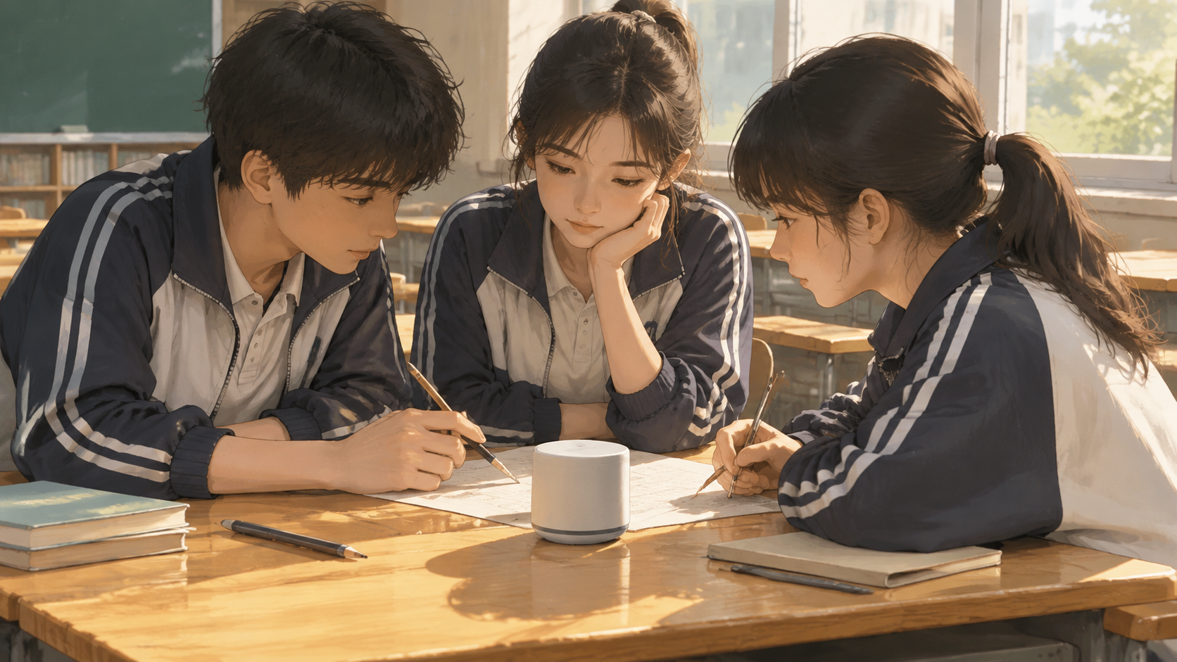 Students collaborating with a small device on the table
