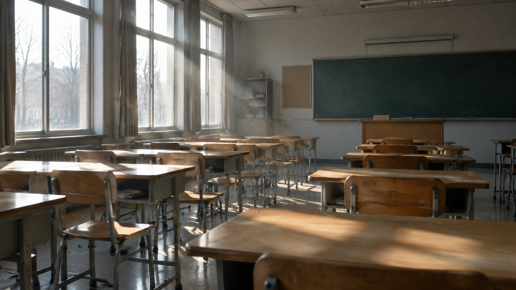 An empty classroom with rows of desks bathed in natural light