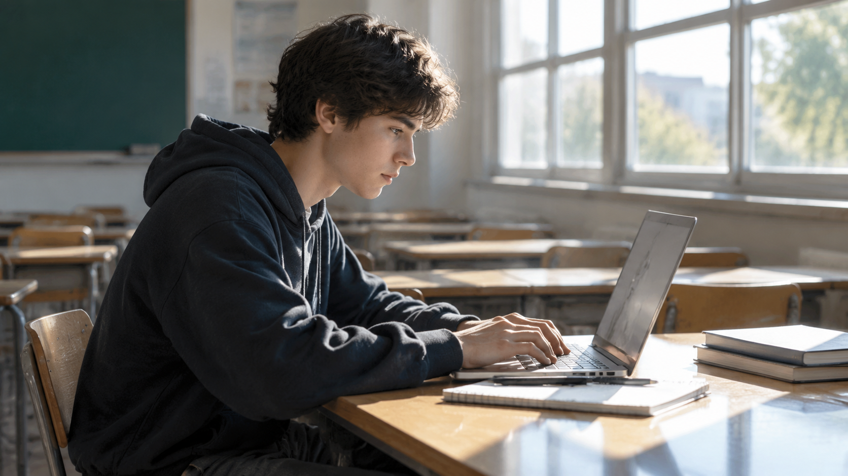 A student working on a laptop in a quiet classroom