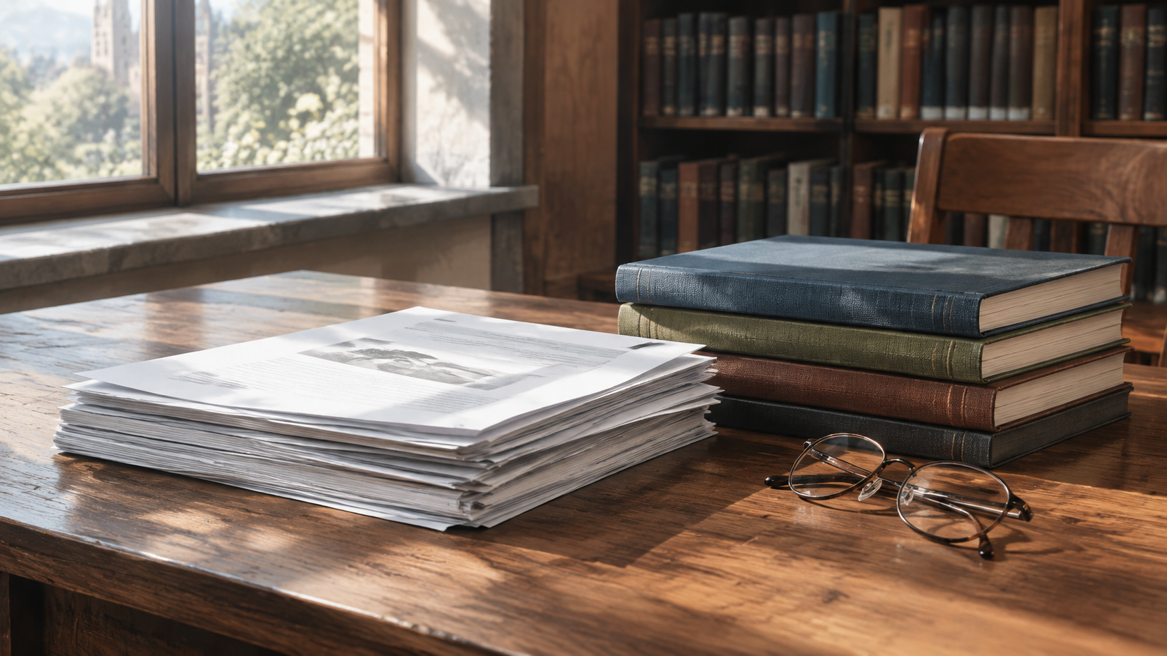 Stacked research papers and notebooks on a library table