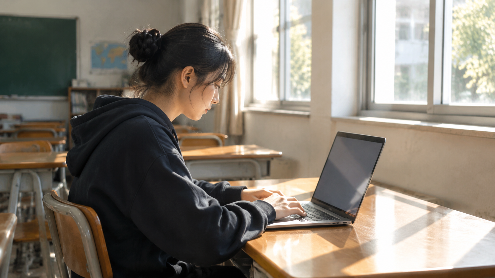 A student working at a desk with a laptop in a quiet classroom