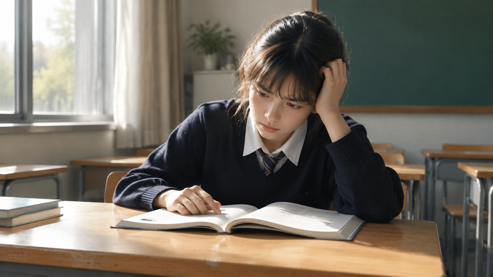 A student pausing over an open textbook