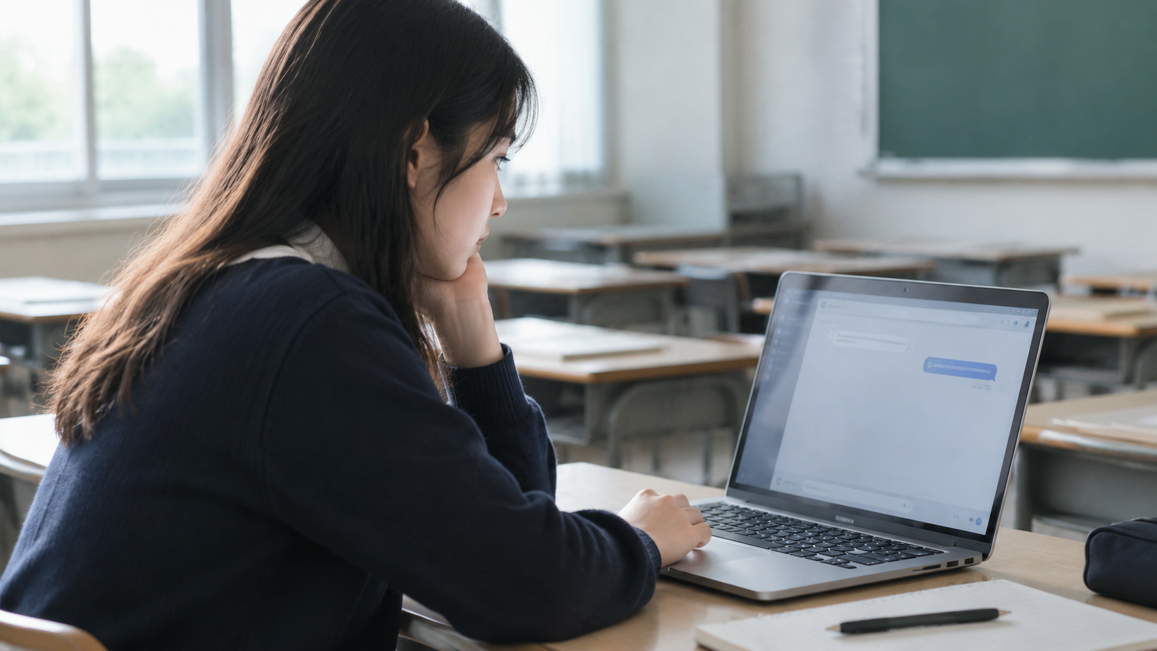 A student reading an AI tutor's response on a laptop in a quiet classroom