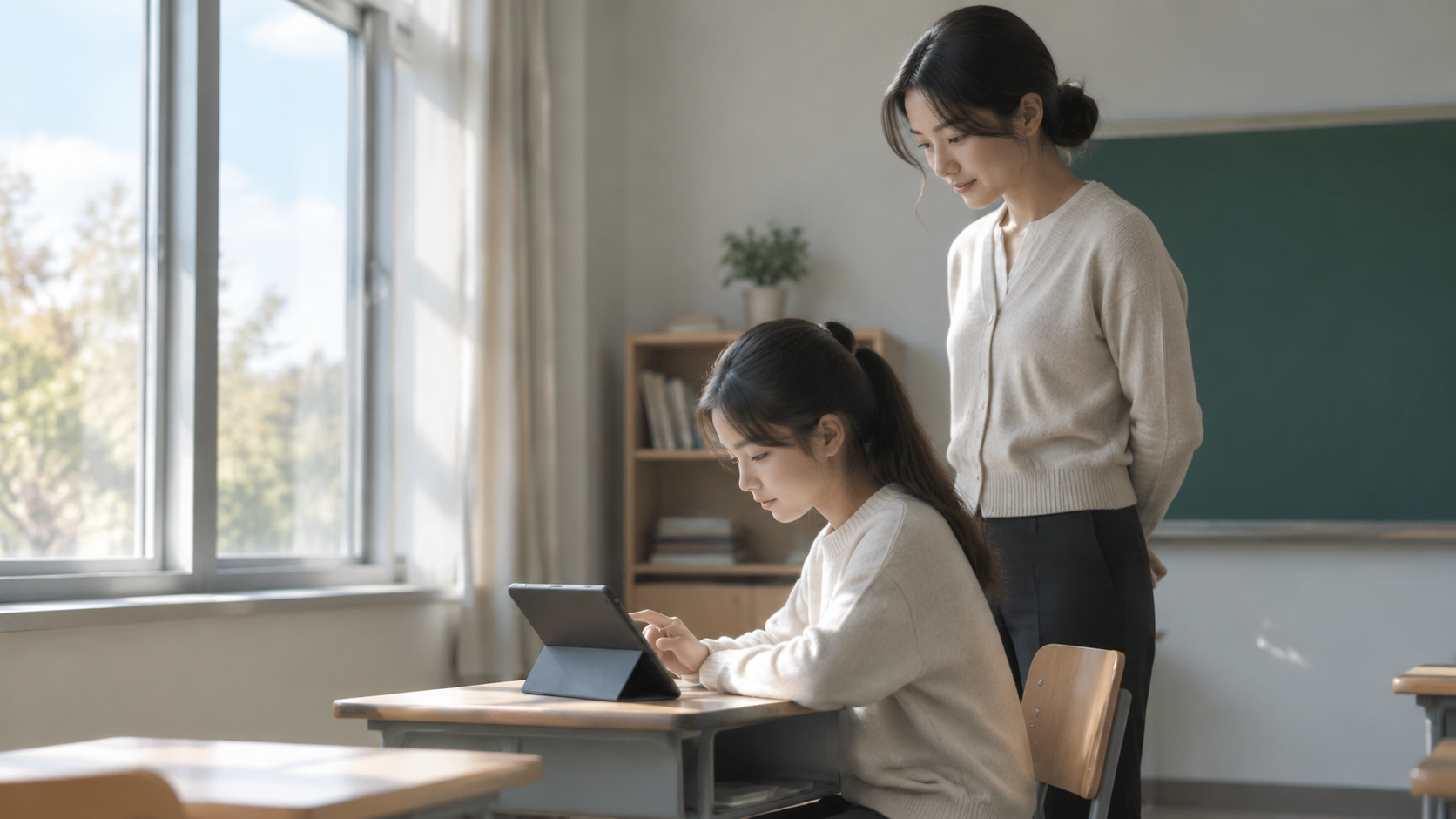 A teacher observing a student working with a tablet