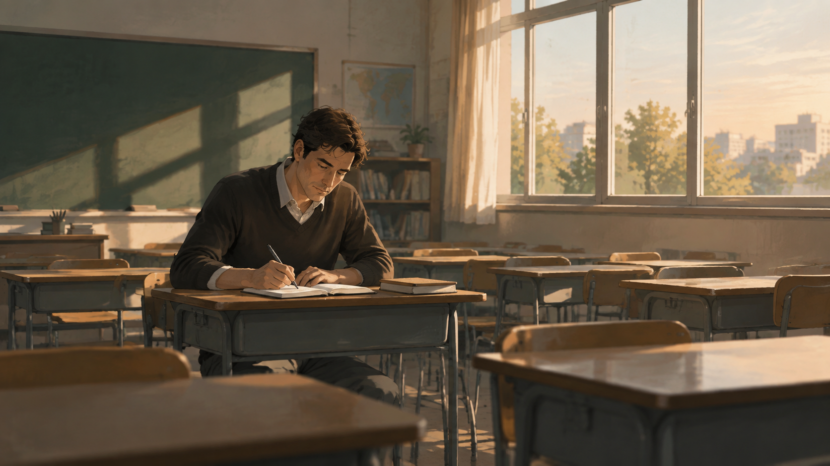A teacher writing notes after class