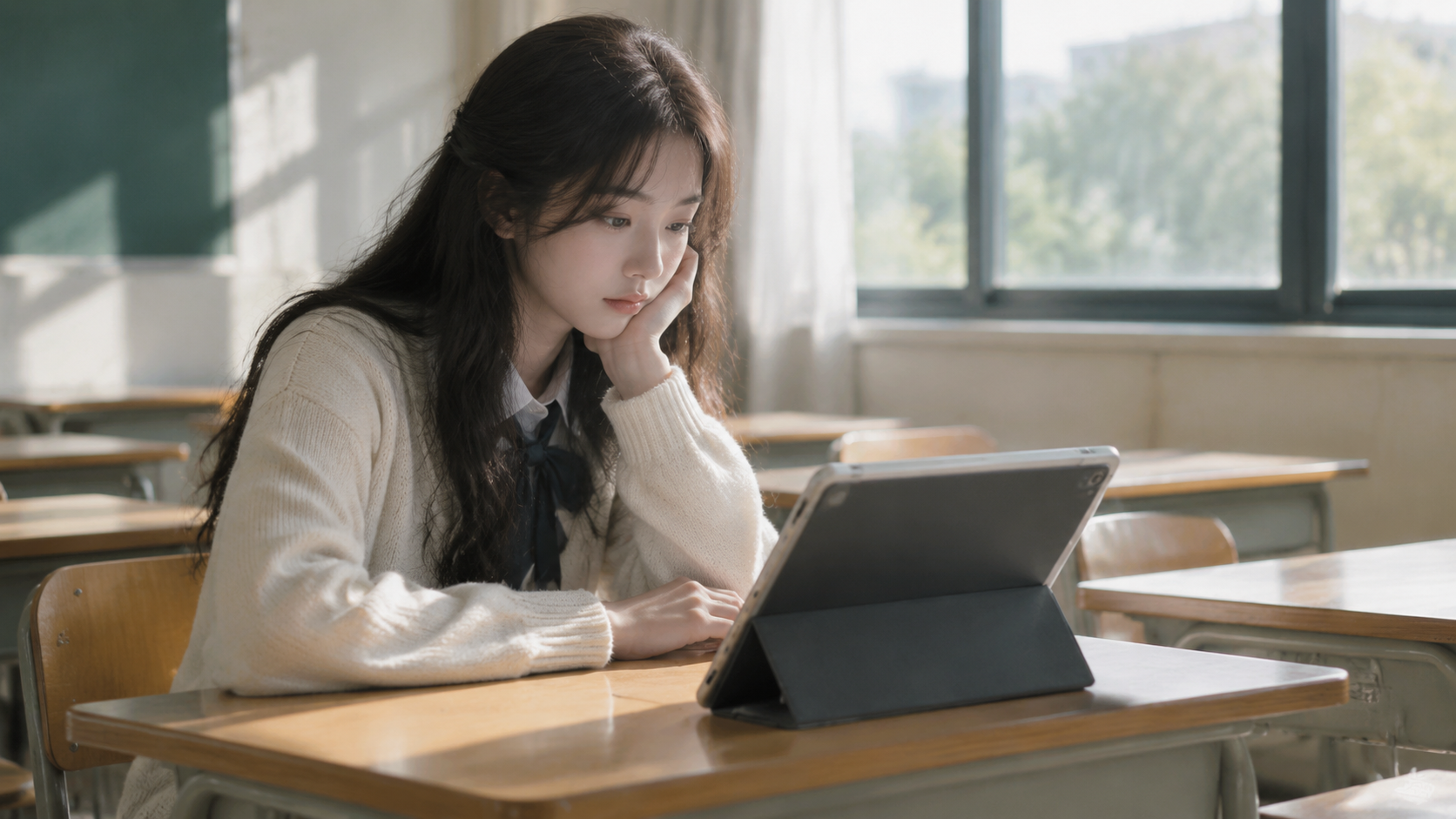 A student working with a tablet in a quiet classroom