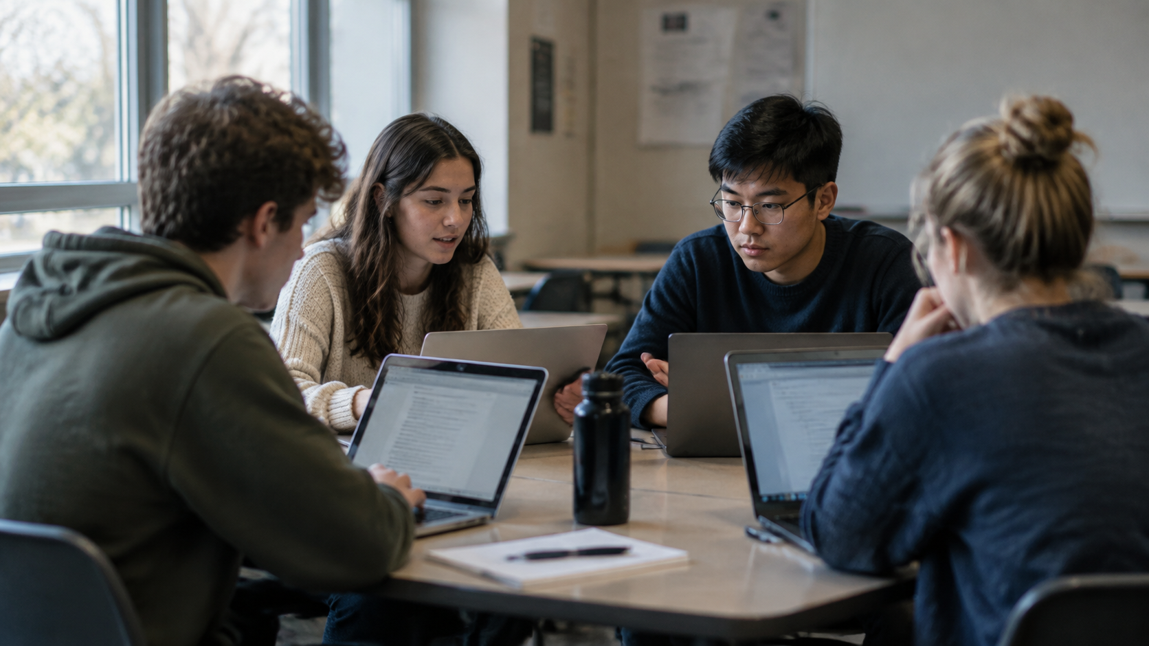 Students collaborating at a shared table