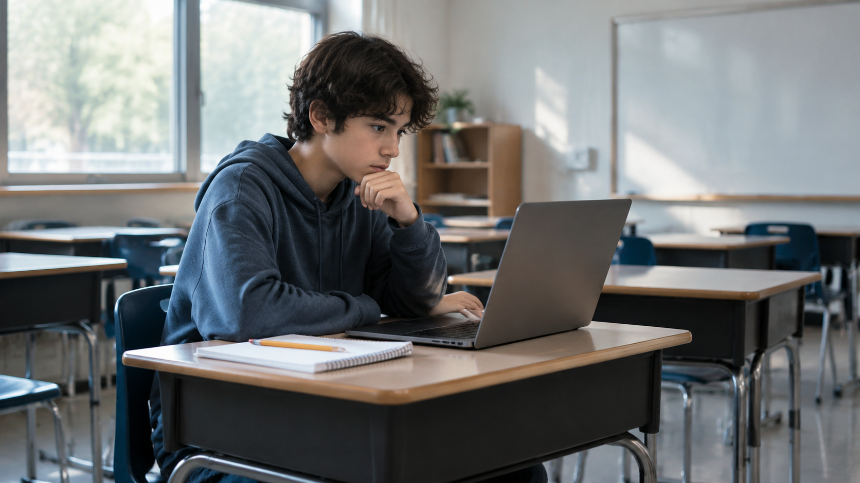 A student working at a desk with a laptop in a quiet classroom