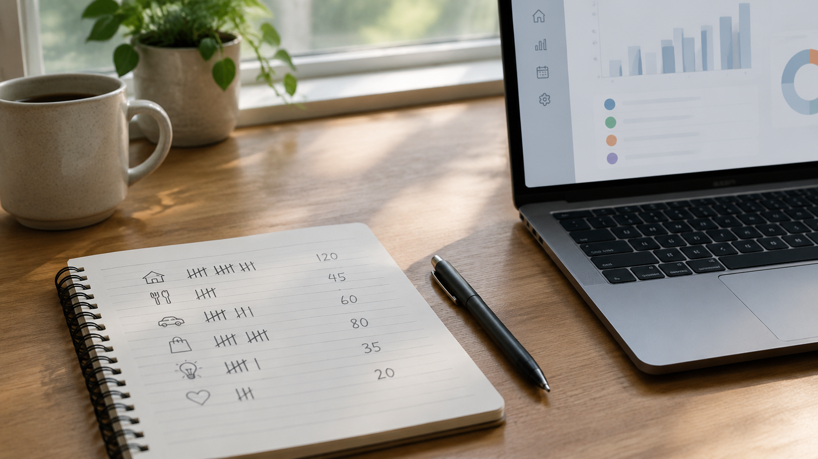 A handwritten list of daily expenses next to a laptop