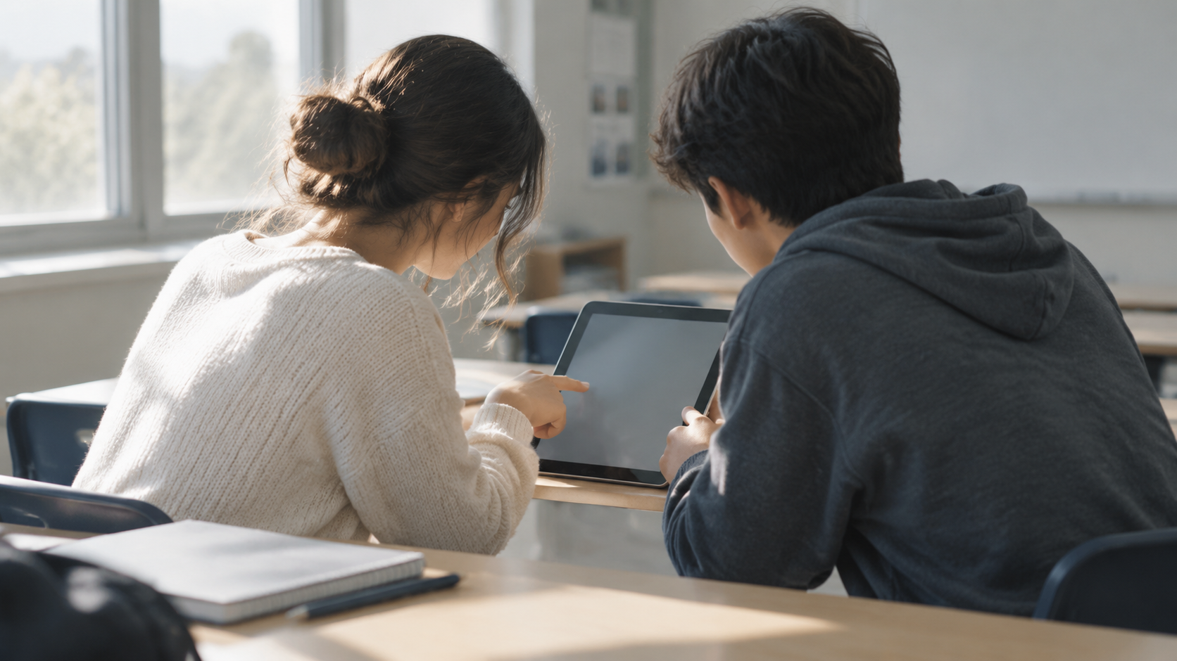 Two students leaning over a shared tablet during group work