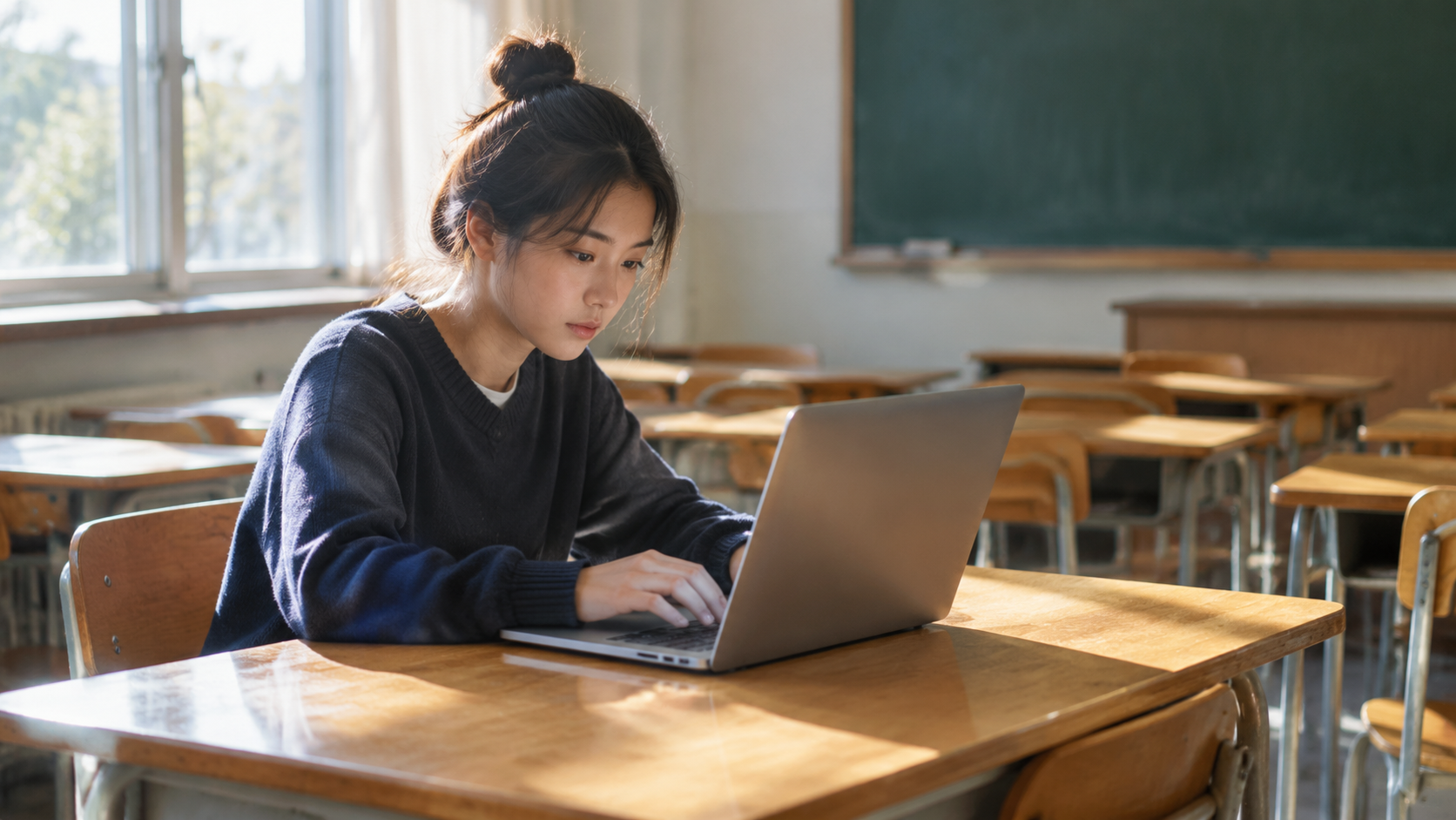 A student working alone at a desk with a laptop in a quiet classroom