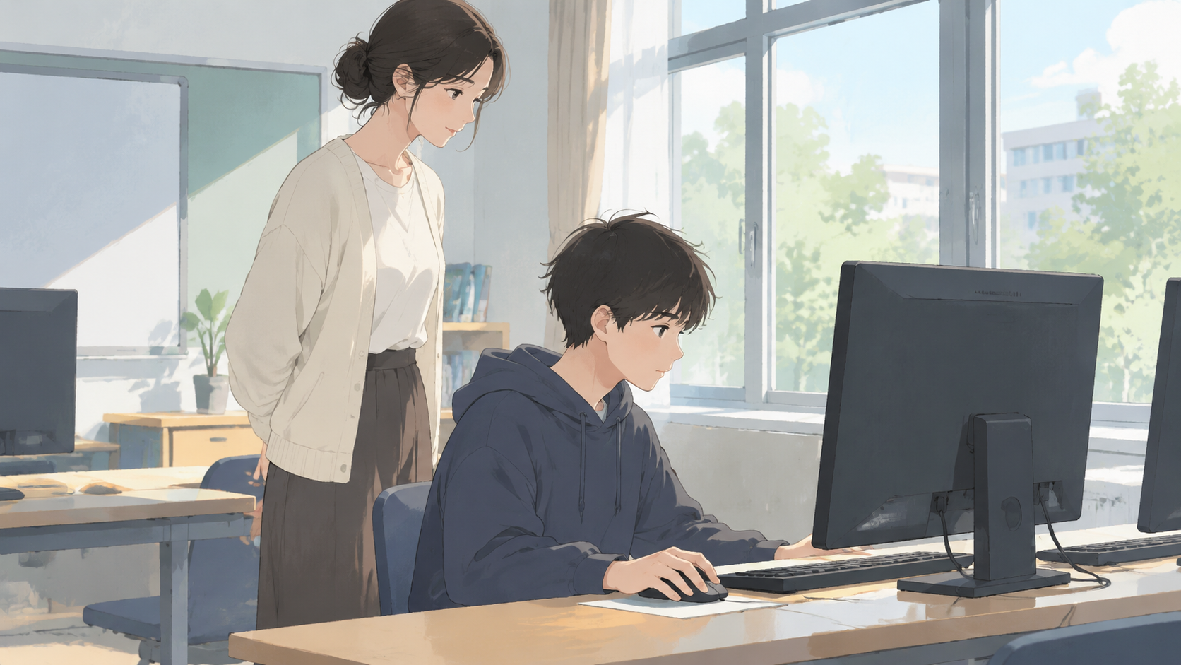 A teacher observing a student using a computer
