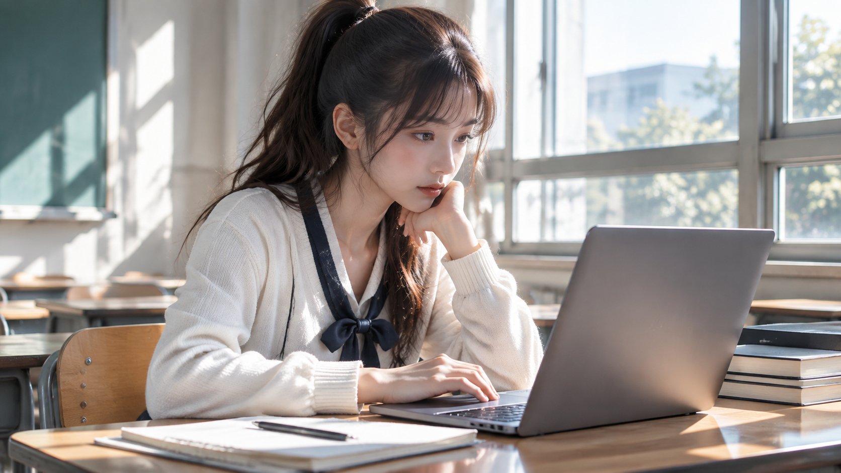 A student working at a laptop in a classroom