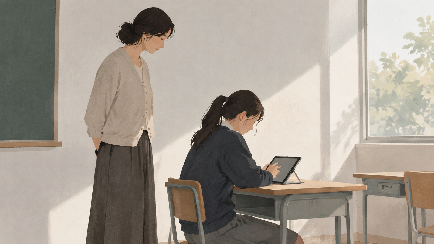 A teacher observing a student using a tablet