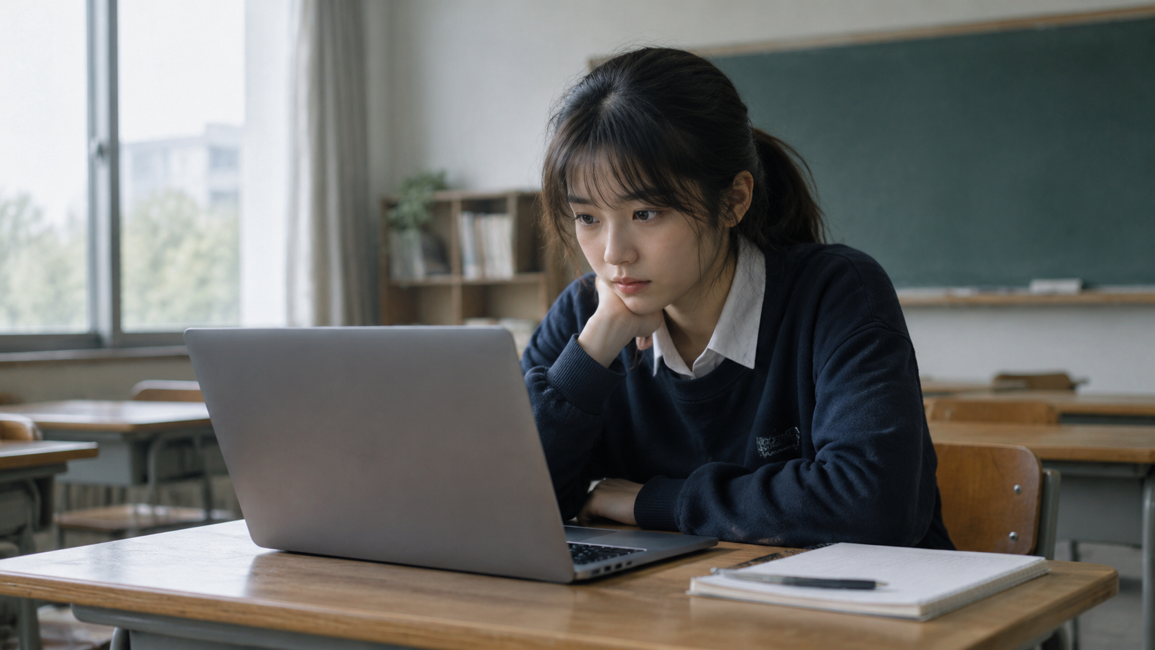 A student working at a desk with a laptop