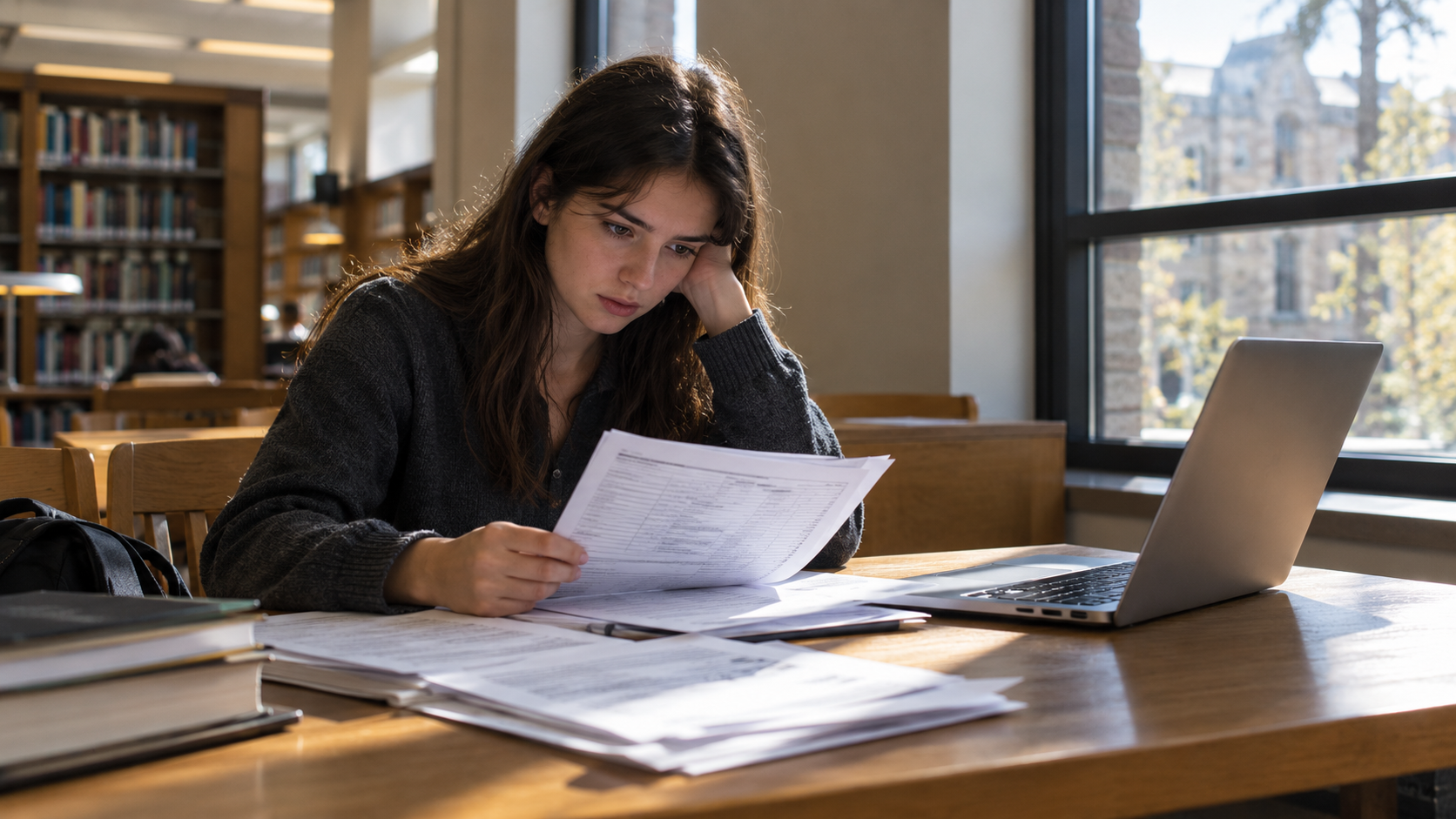 A student reviewing financial aid documents at a desk