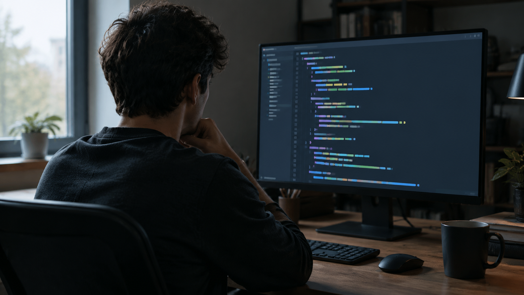 A developer examining code on a monitor in a dimly lit room