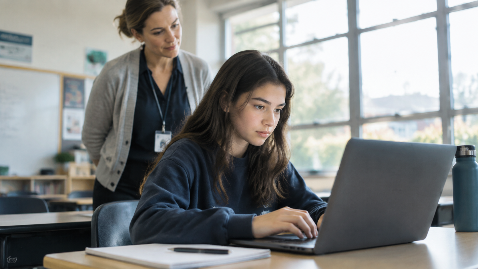 A teacher observing a student using a laptop in a classroom