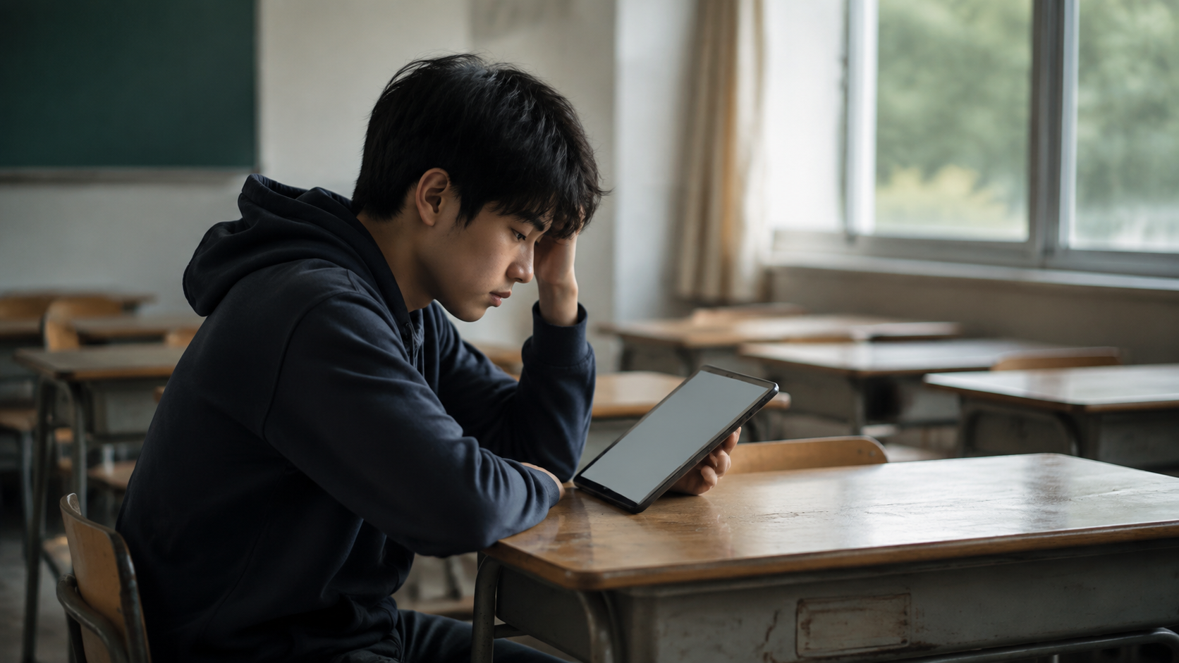 A student working at a desk with a tablet