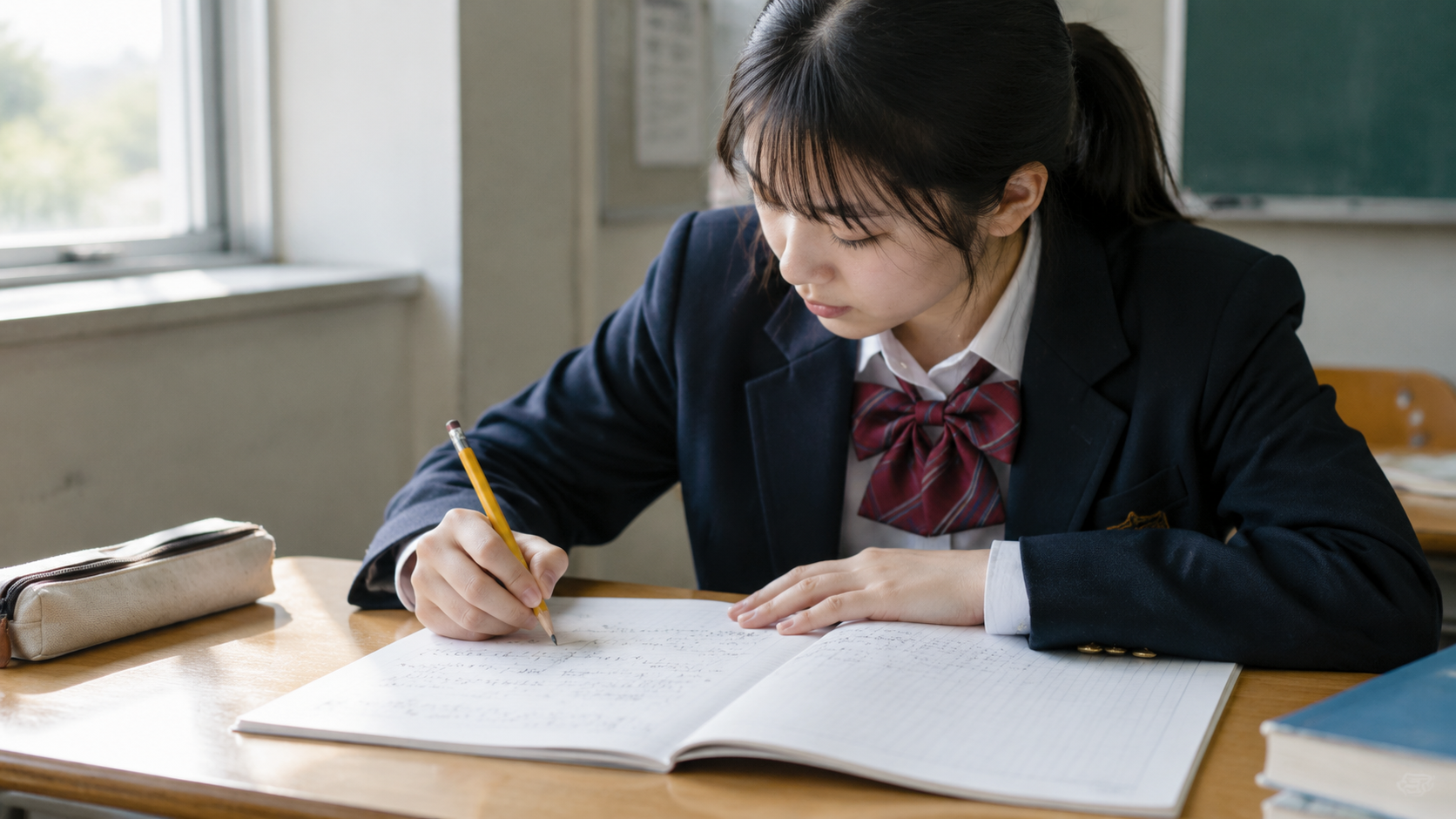 A student working through a math problem on paper at a desk