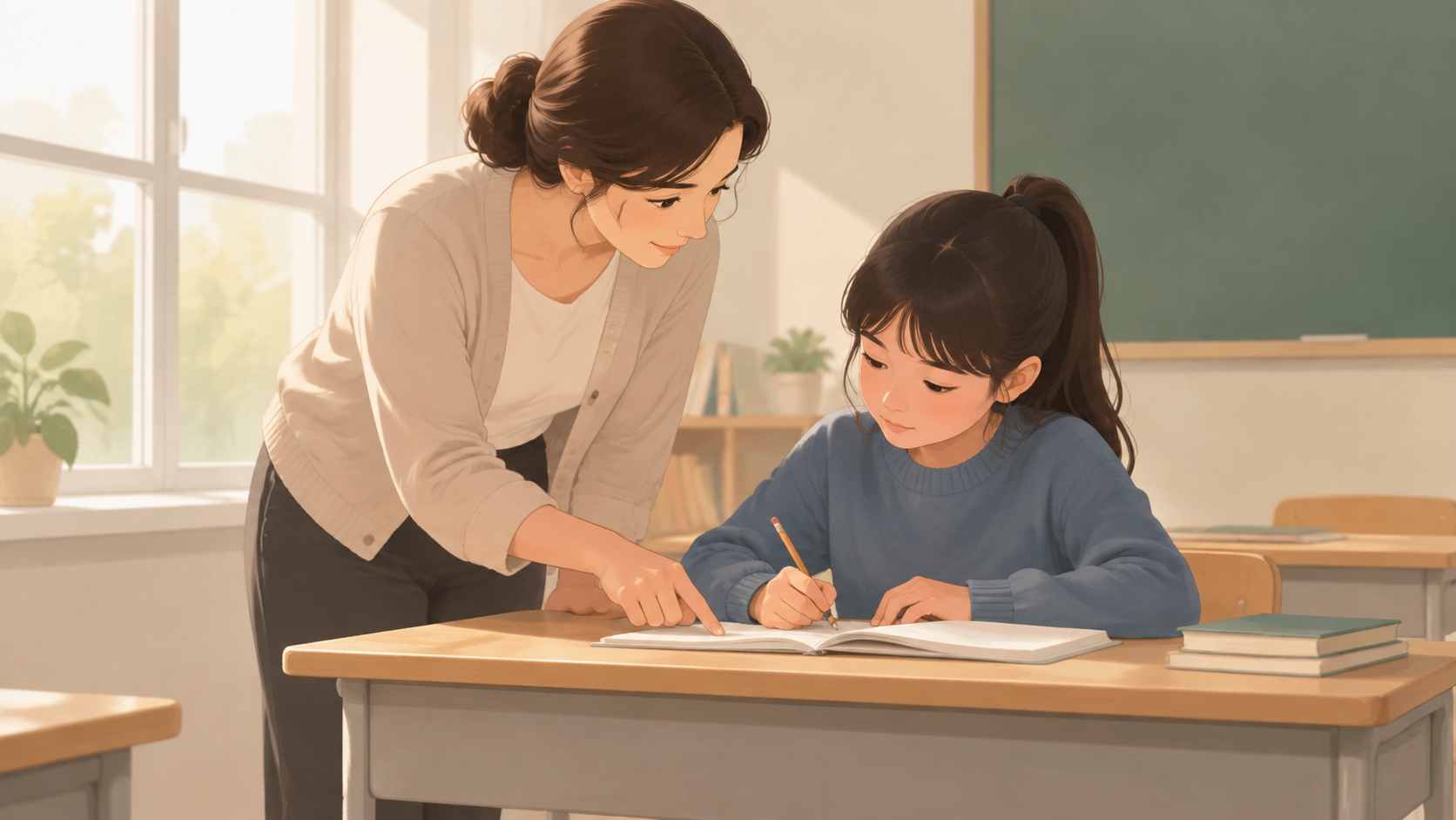 A teacher leaning over to help a student