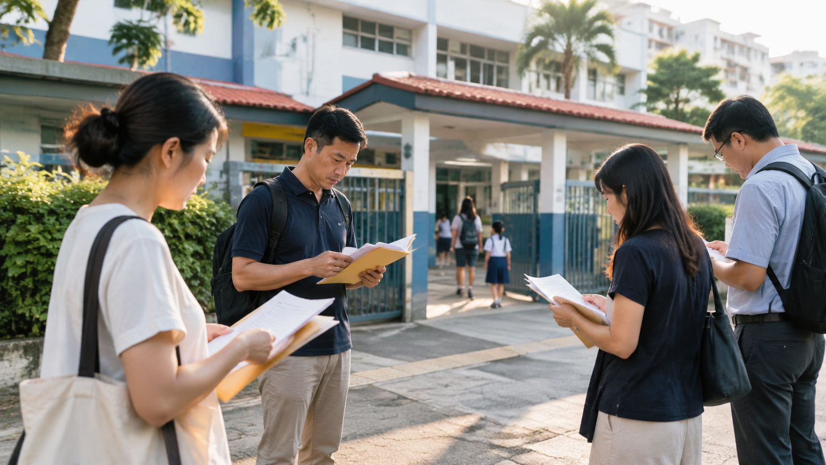 Parents reviewing enrollment documents outside a primary school