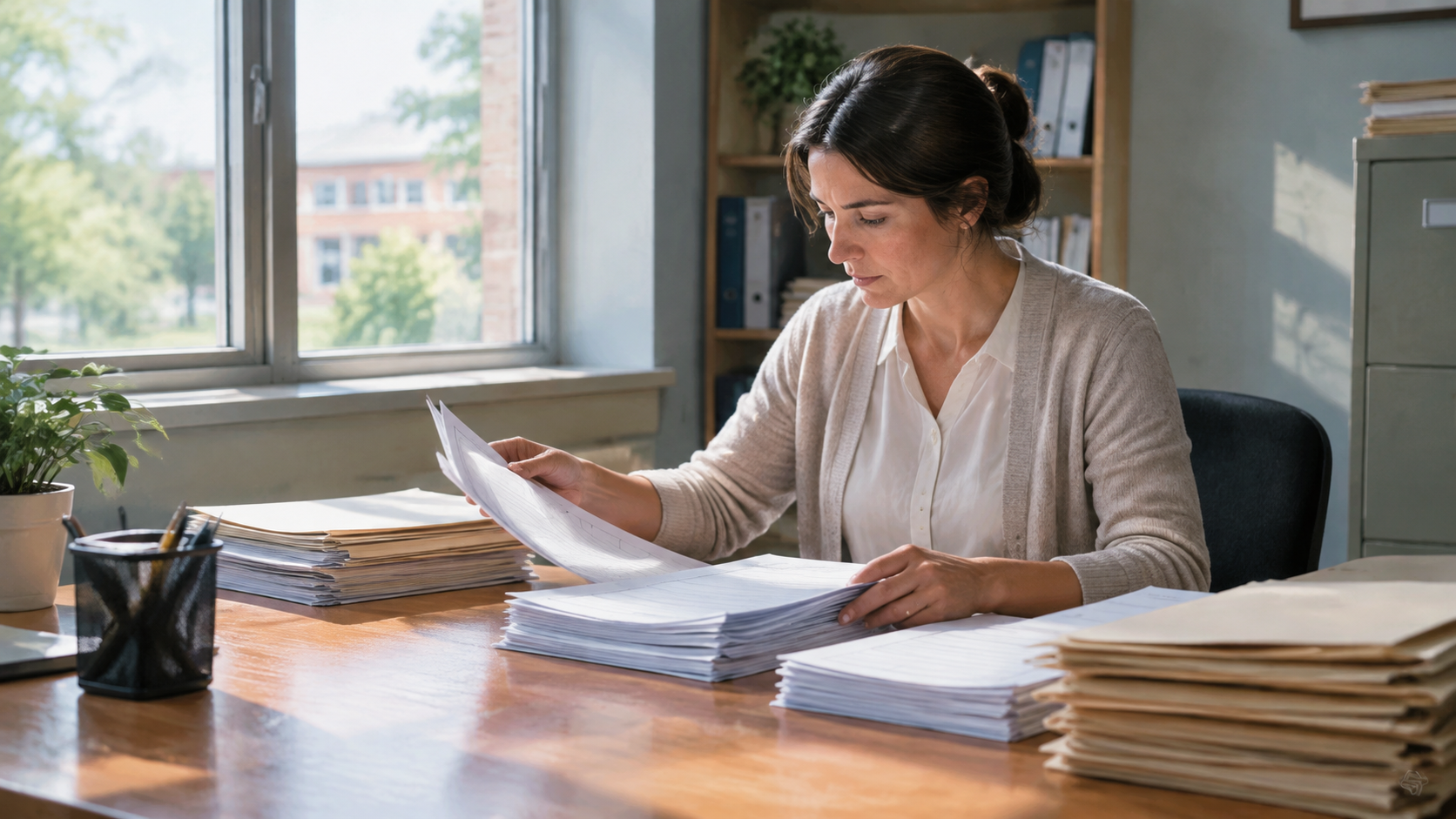 School administrator organizing intake files at a desk