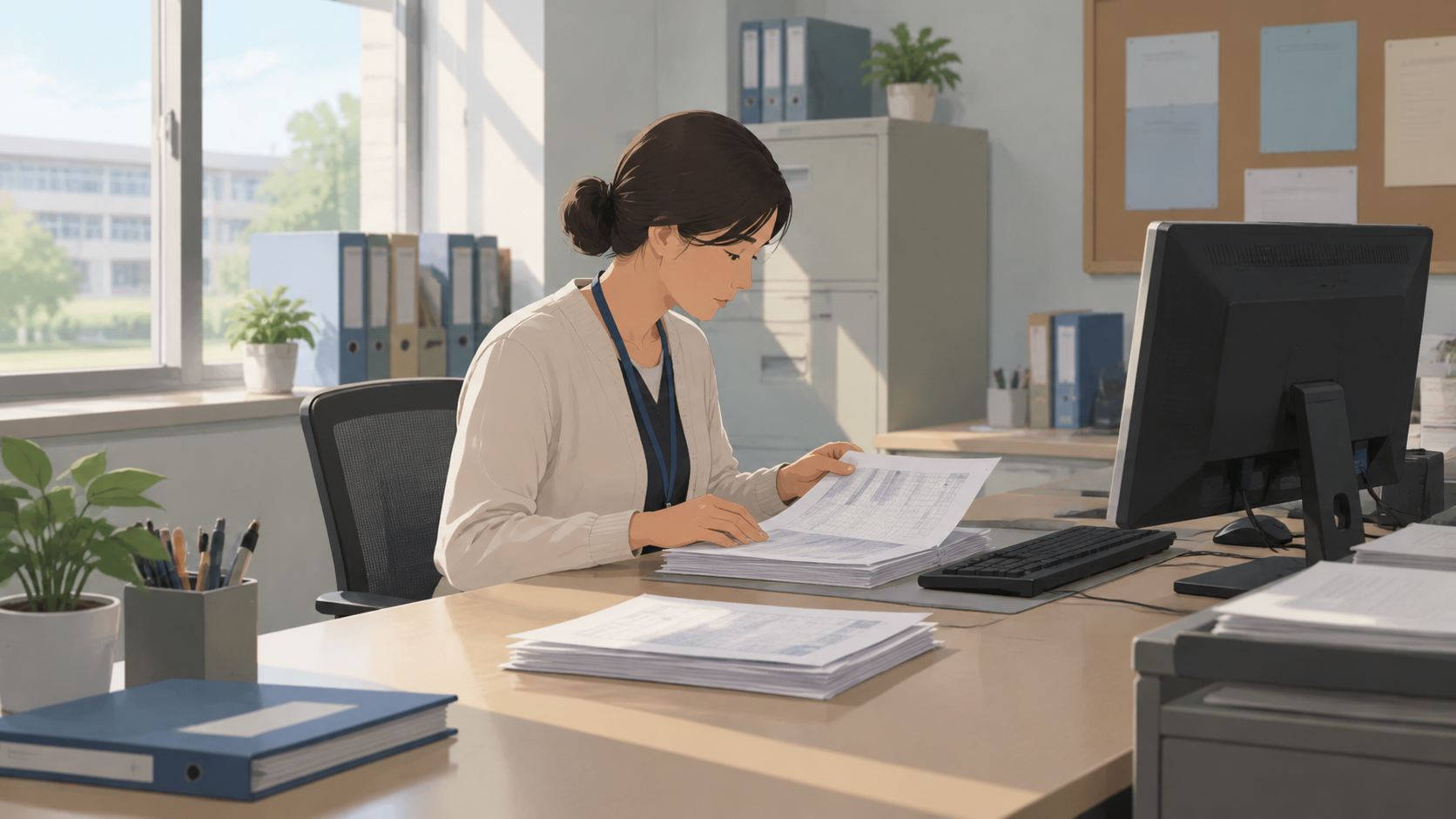 An administrator organizing papers beside a computer workstation