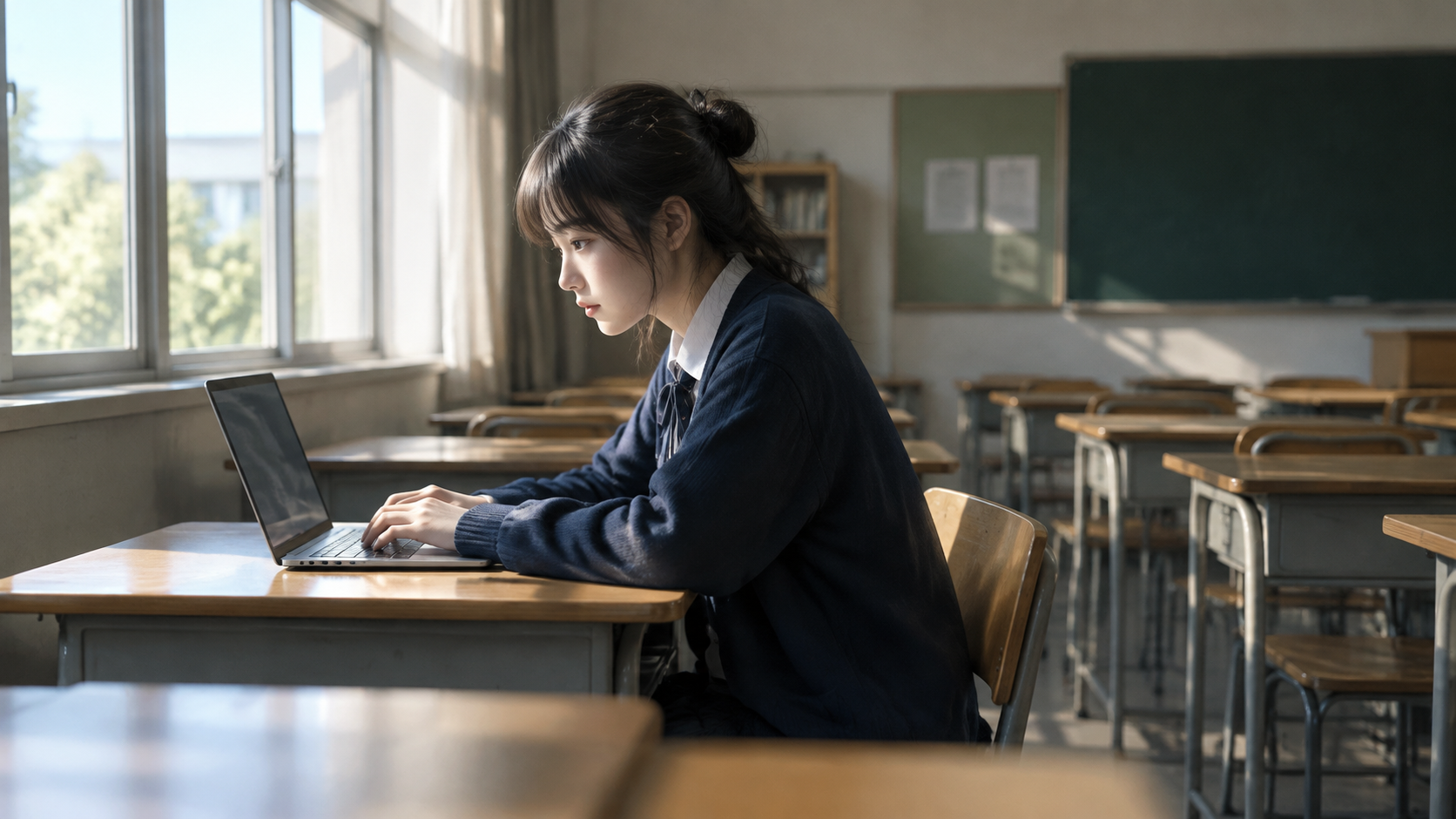 A student working at a desk with a laptop