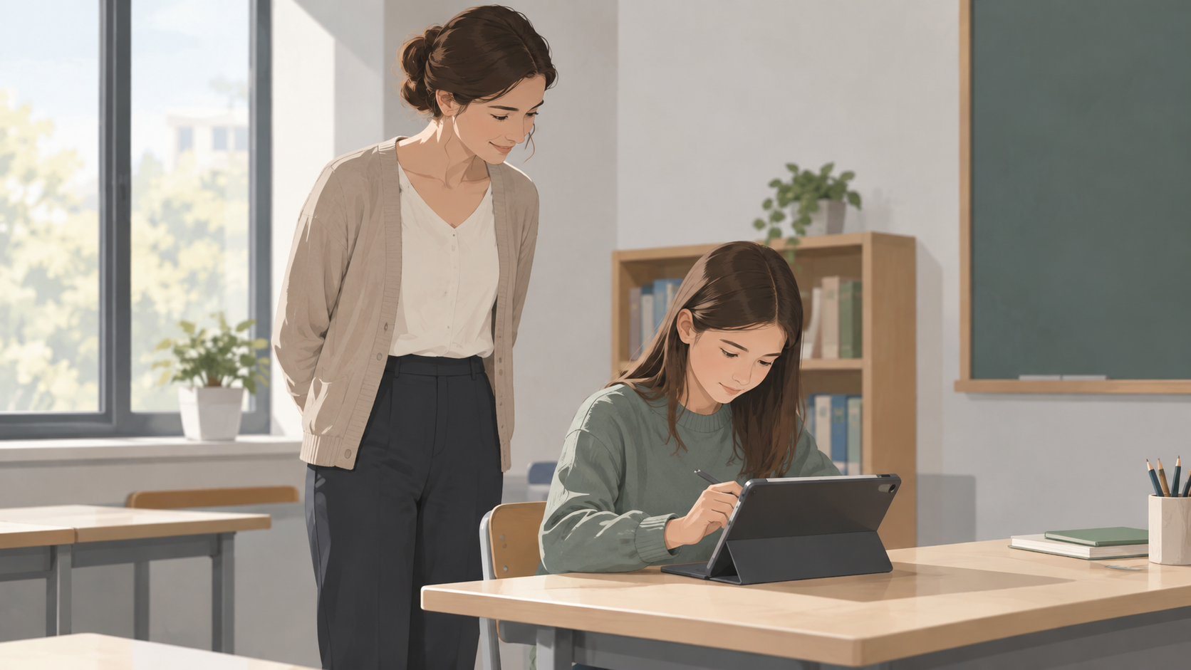 A teacher observing a student using technology