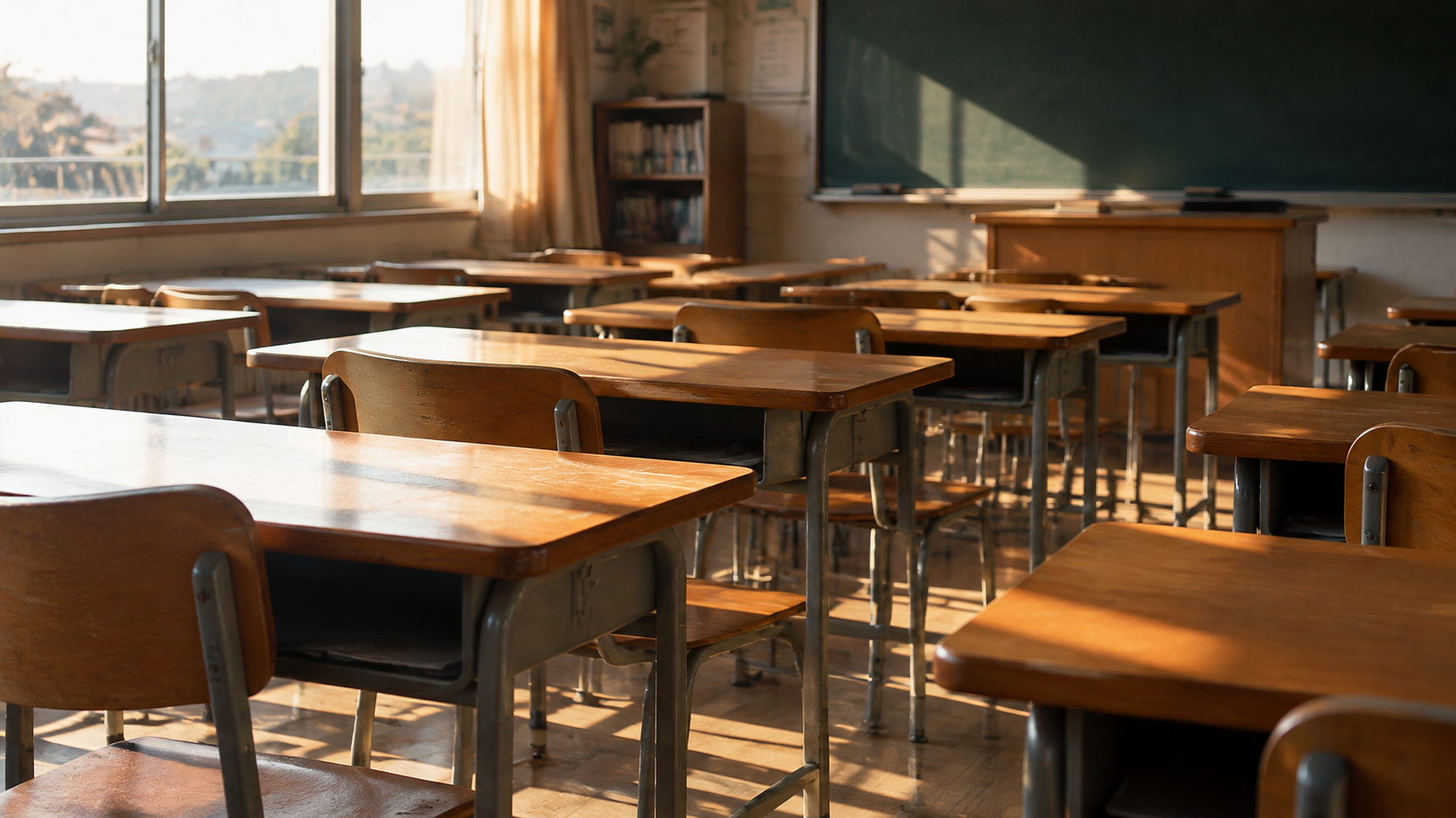 Rows of empty desks suggesting forgotten conversations