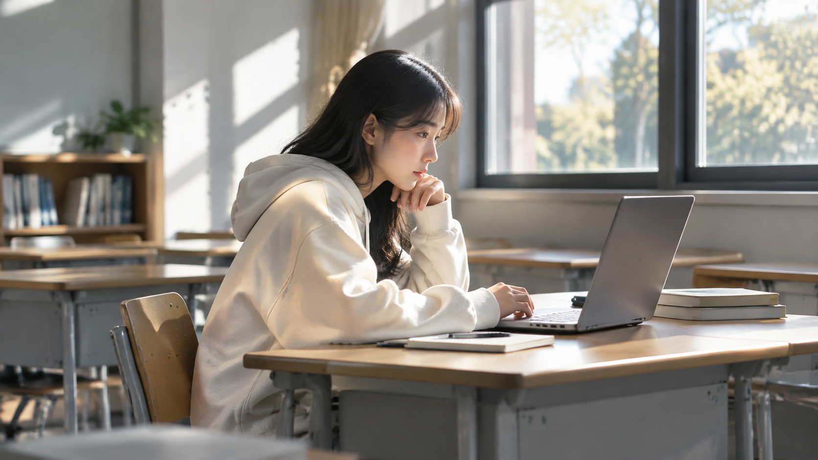 A student working with a laptop in a quiet classroom