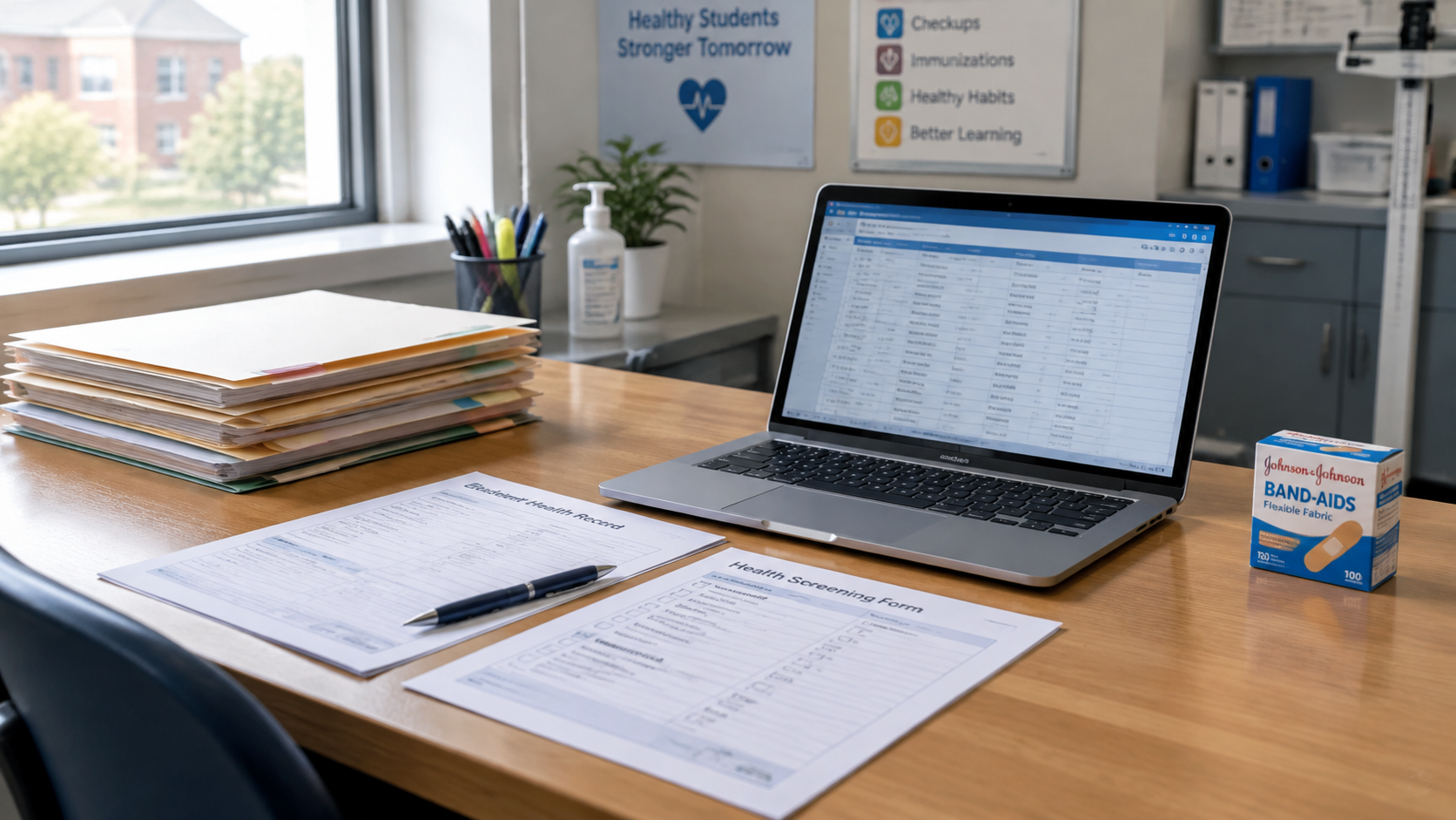 A school health office desk with vaccination records