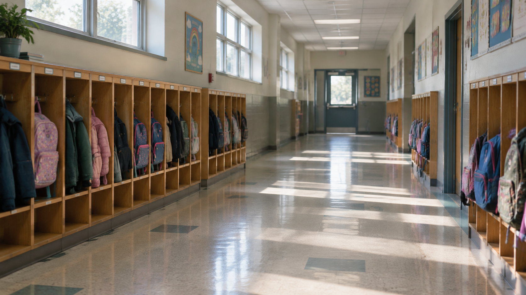 Rows of student cubbies in a quiet hallway