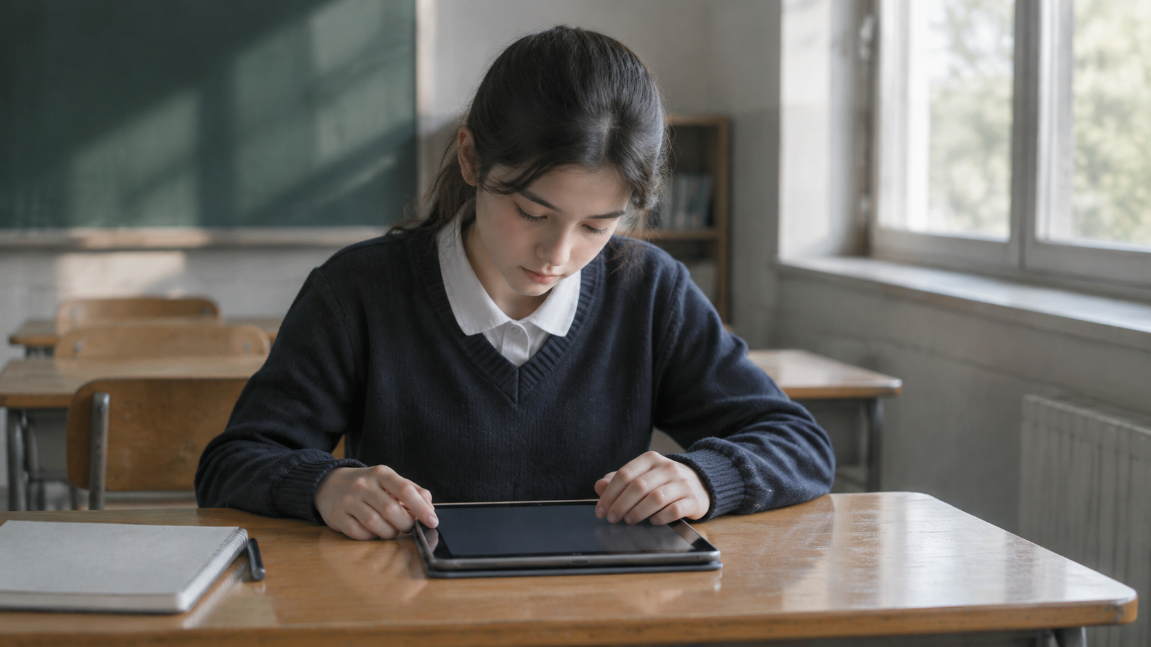A student working at a desk with a tablet