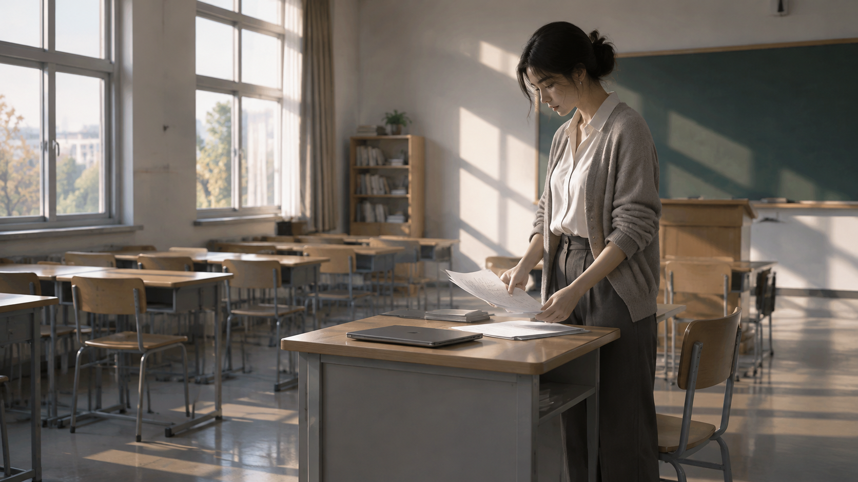 A teacher reviewing materials beside a computer in an empty classroom