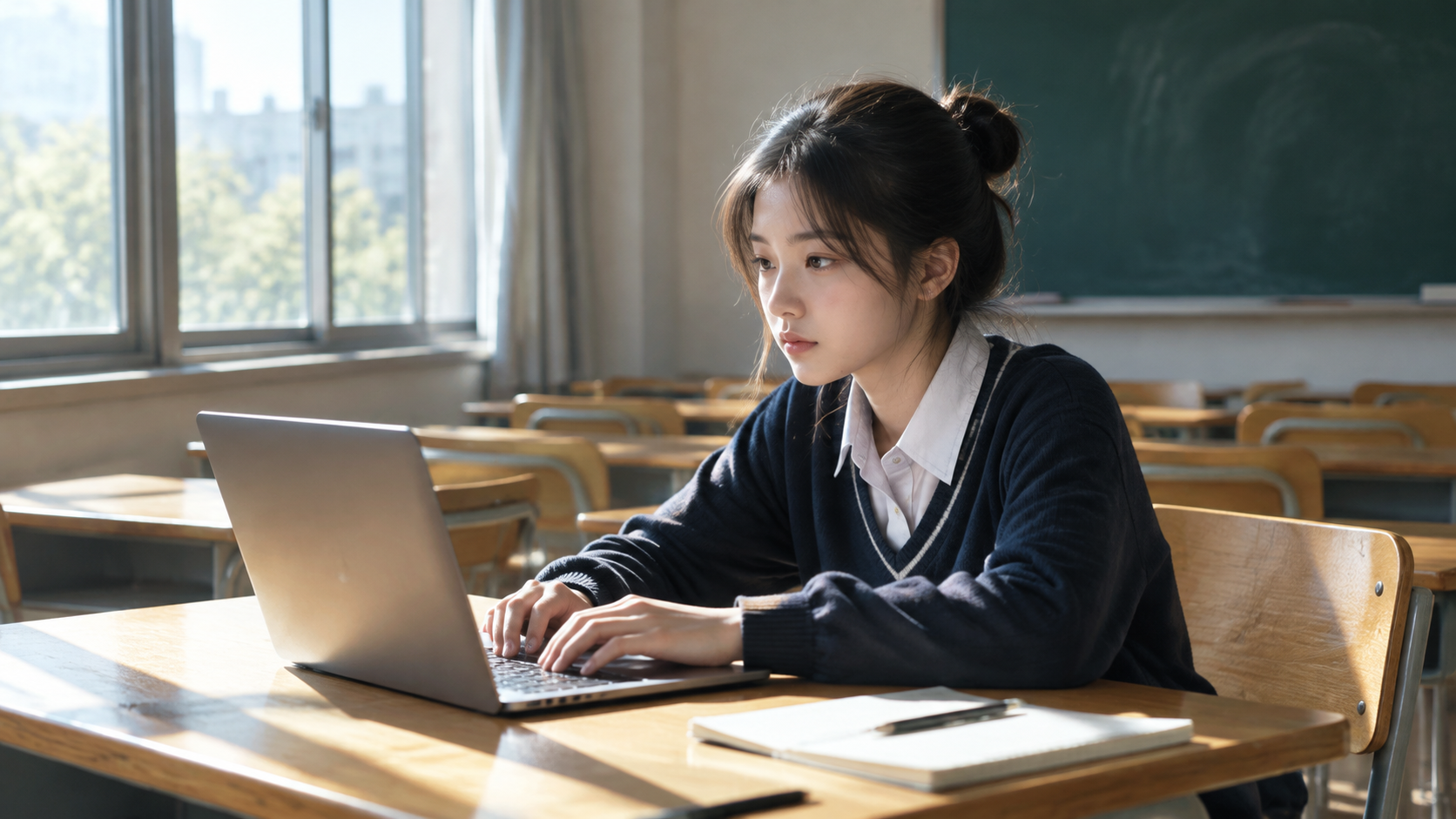 A student working at a desk with a laptop in a quiet classroom